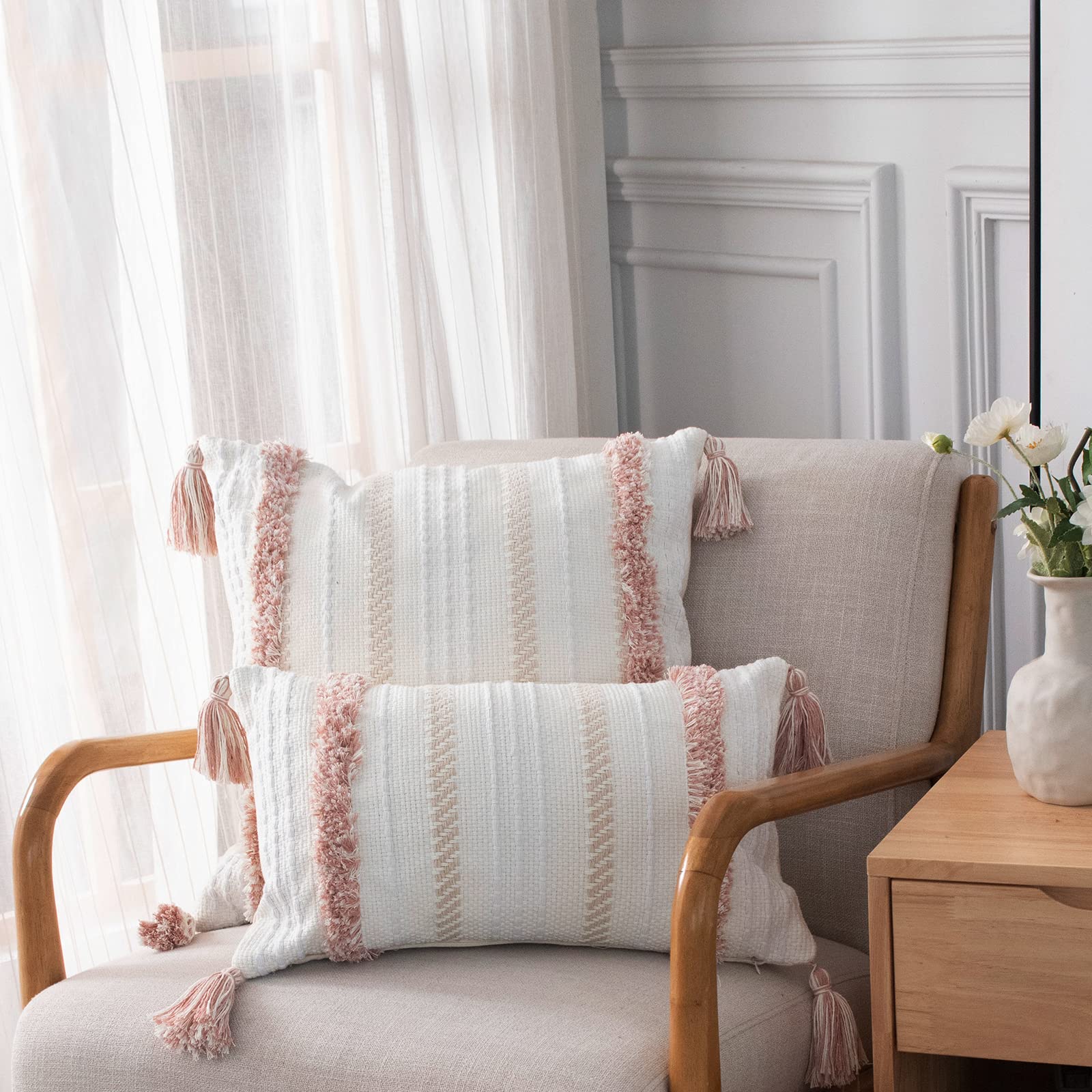 Boho Throw Pillow Covers 12x20 Inch - Tufted Decorative Pillow Cases for Couch, Bed & Sofa - Modern Farmhouse Accent Pillows in Neutral Pink - Perfect for Living Room, Bedroom & Home Decor