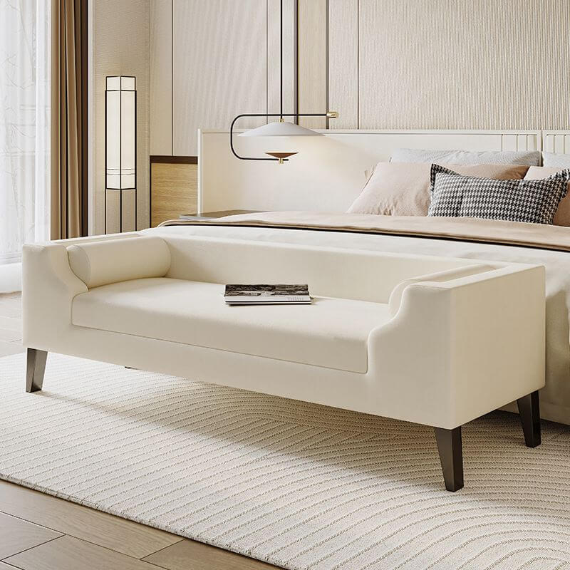 Minimalist Upholstered Solid Color Indoor Bench with Backrest & Armrests - Perfect for Entryway, Bedroom or Living Room Seating