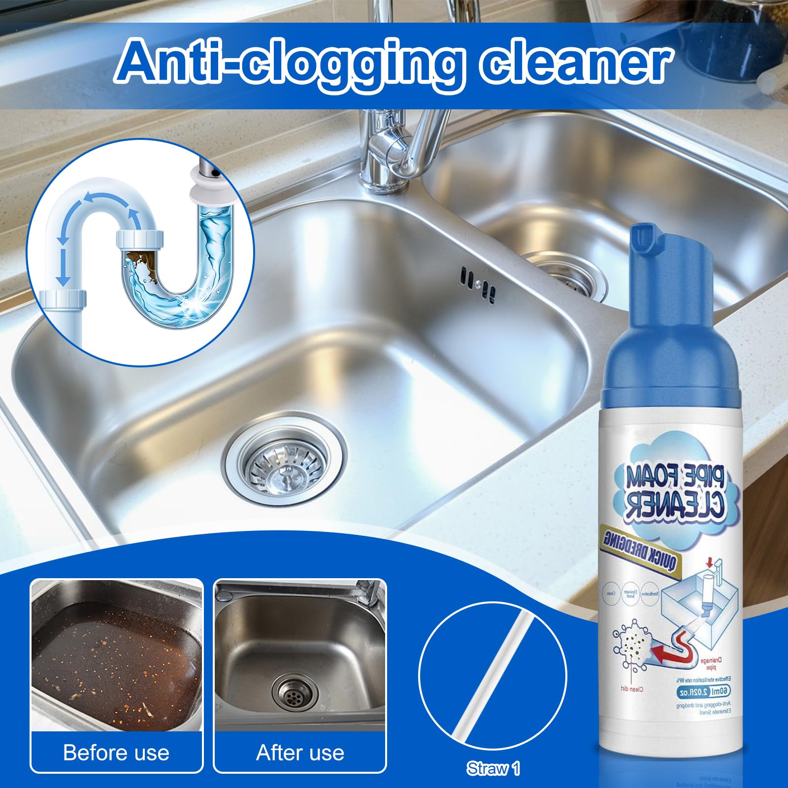 GAROMIA Pipe Foam Cleaner 60ml - Powerful Drain Cleaner for Kitchen Sink, Bathroom, Toilet & Bathtub - Fast Clog Remover & Odor Eliminator - Safe for Pipes - Ideal for Home & Commercial Use