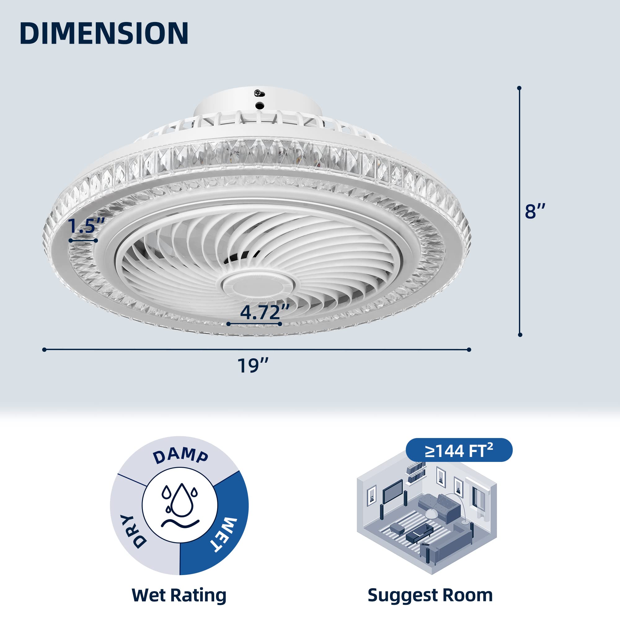 YITAHOME 20 Inch Bladeless Ceiling Fan with Dimmable LED Light - Modern Enclosed Chandelier Fan, 6 Speed DC Motor, Wind Cycle Mode - Low Profile Design for Bedroom, Living Room, Kitchen and Small Spaces (White)