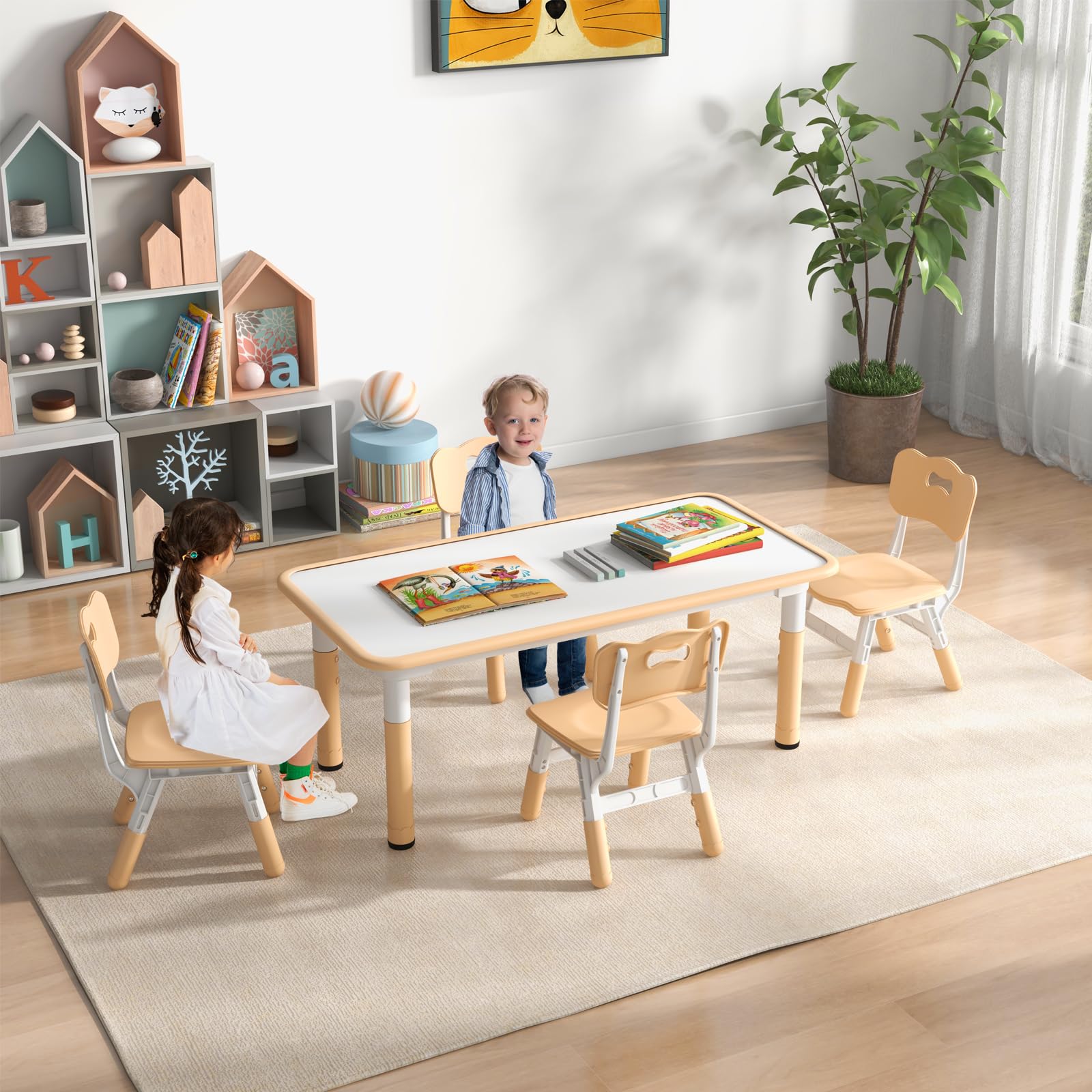 KOTEK Adjustable Kids Table and Chair Set of 4 - Children's Activity & Play Table with Graffiti-Proof Desktop - Toddler Furniture for Playroom, Home, Daycare & Preschool - Supports 220lbs (Natural) - Perfect for Arts & Crafts, Snack Time & Learning Activities