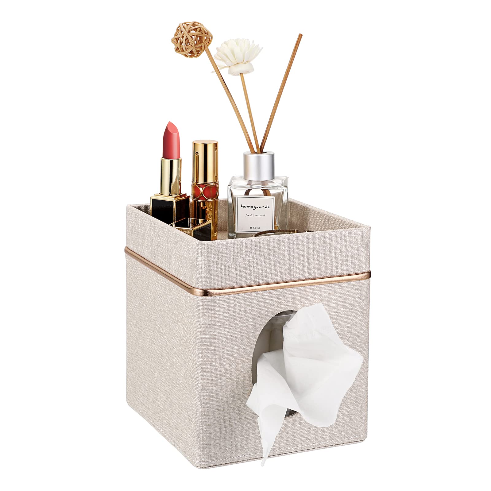 Sumnacon Linen Square Tissue Box Cover - Decorative Fabric Tissue Box Holder with Tray, Stylish Beige Tissue Box Organizer for Bathroom Vanity, Office Desk, Restaurant & Home Decor | Perfect for Living Room, Bedroom and Guest Room