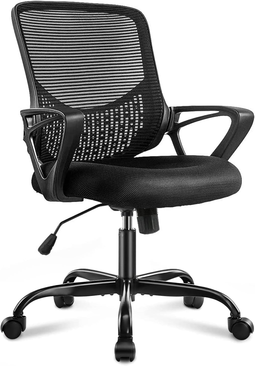 Ergonomic Office Chair with Wheels & Lumbar Support - Mid Back Mesh Computer Desk Chair with Fixed Armrests, Rolling Swivel Home Office Chair (Black) - Perfect for Long Work Hours, Gaming & Study Sessions