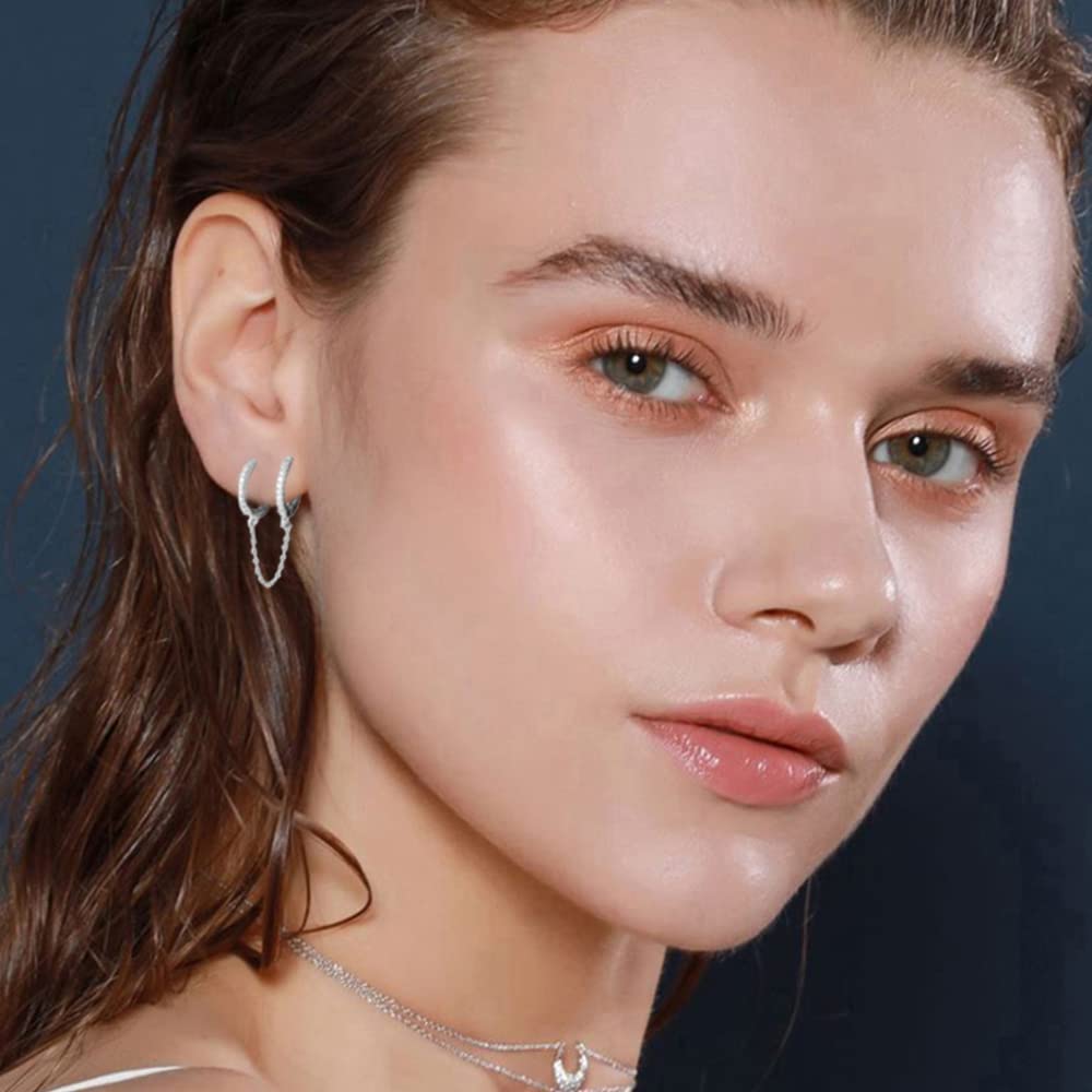 Unique Small Silver Chain Handcuff Hoop Earrings - Double Piercing Crystal Dangle Drop Cartilage Earrings for Men & Women | Trendy Huggie Hoops for Everyday Wear, Parties & Gifts