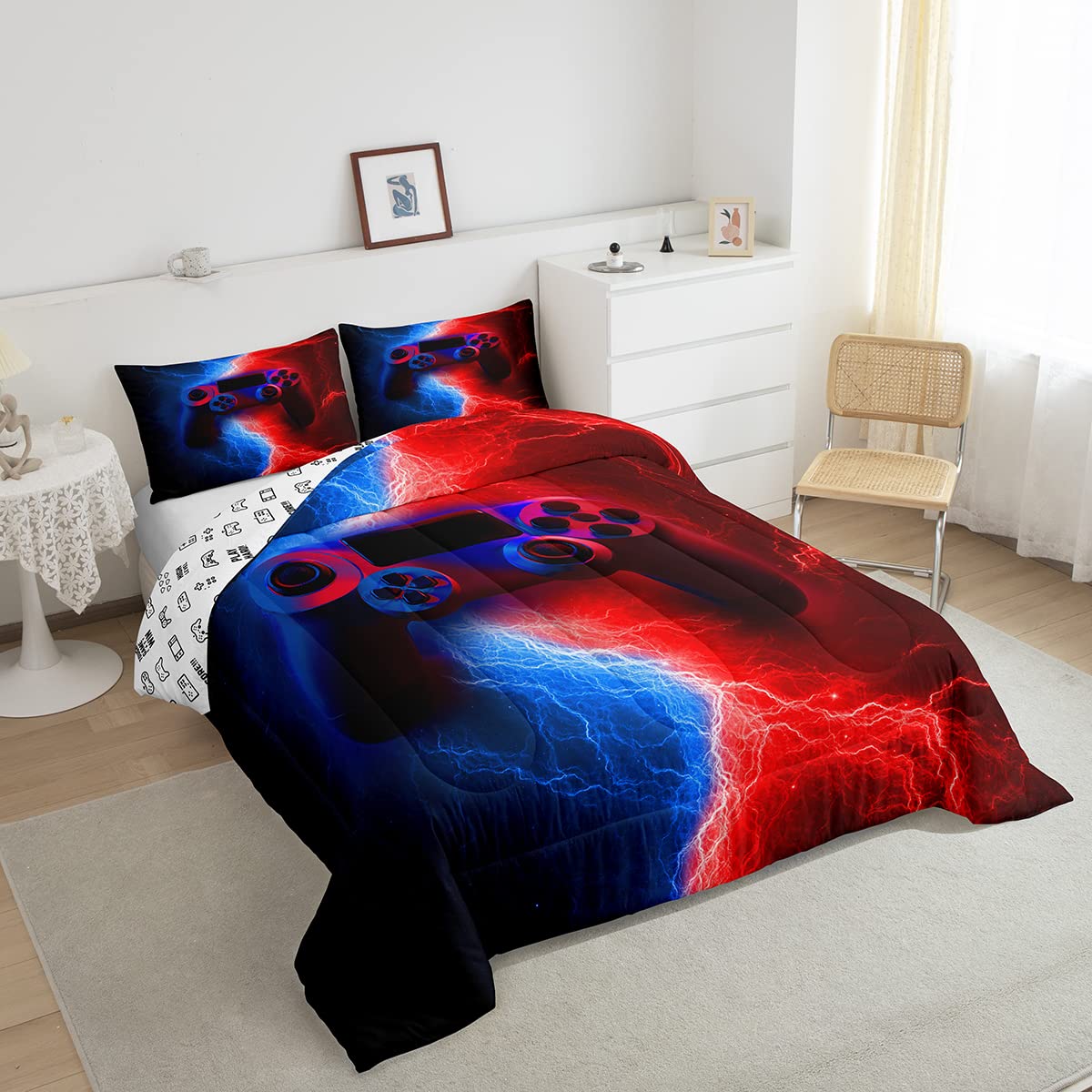 Erosebridal Boys Gaming Comforter Set Queen Size - Red & Blue Gamer Bedding for Kids & Teens - Perfect for Bedrooms, Dorms, and Gaming Rooms