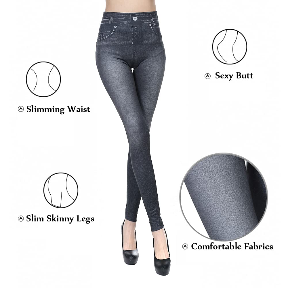 Blostirno Women's Stretchy High Waist Jeggings - Tummy Control Denim Printed Faux Jean Leggings with Back Pockets | Perfect for Work, Yoga & Casual Wear