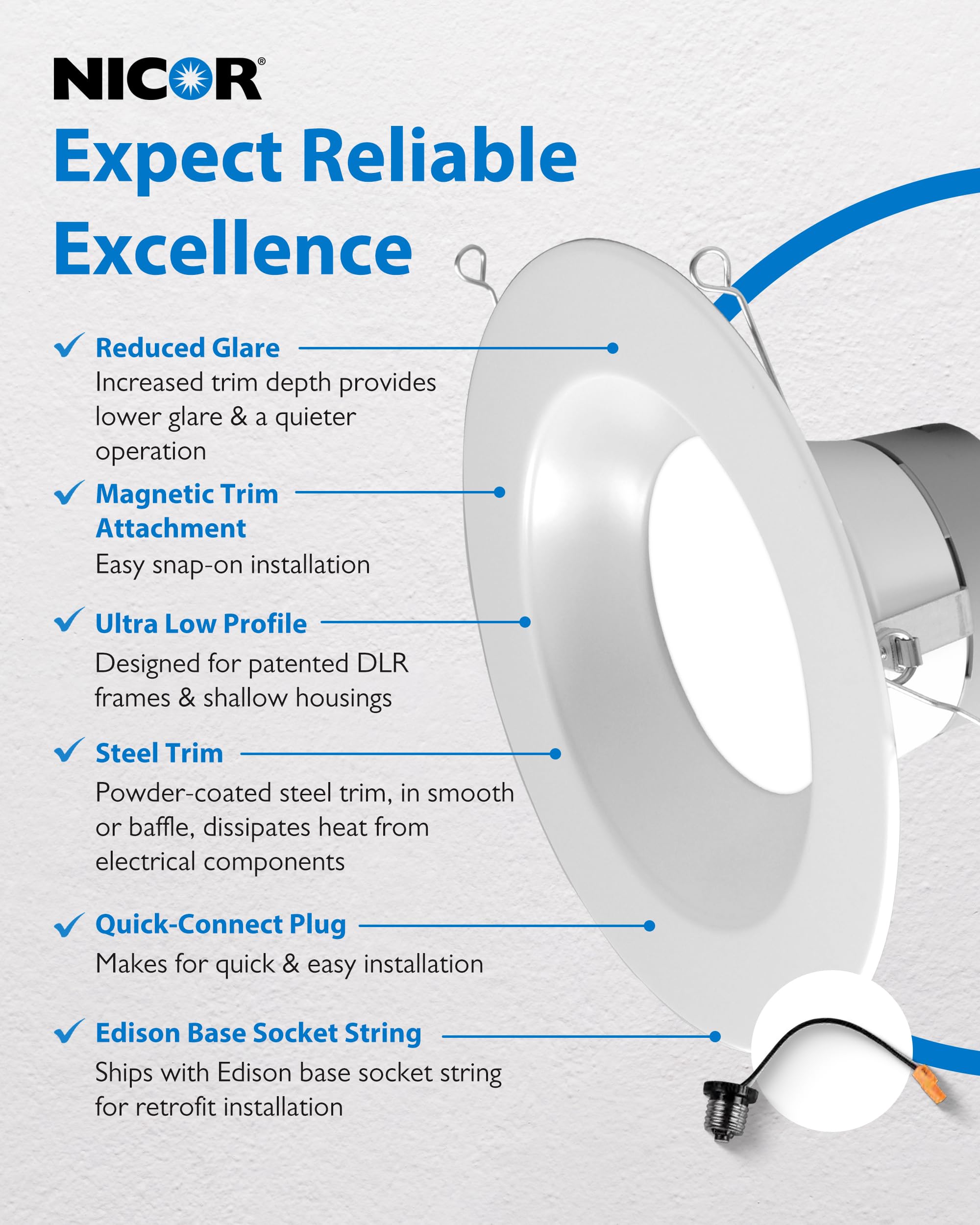 NICOR Lighting 5/6 Inch LED Recessed Ceiling Lights - Dimmable Downlight Fixtures with Selectable CCT (2700K-5000K), 918 Lumens, 10.3W - DLR56 Retrofit LED Ceiling Light, White (12-Pack) - Perfect for Living Rooms, Kitchens, and Hallways