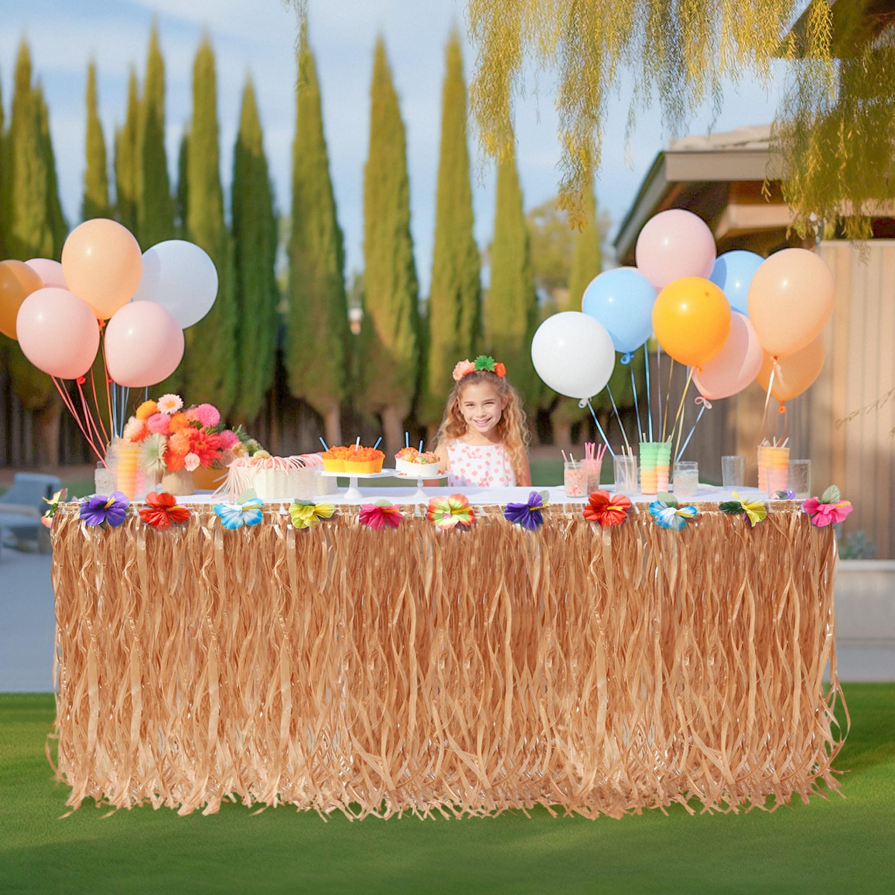 9ft Luau Grass Table Skirt - Tropical Hawaiian Fringe Table Cover for Tiki Bar Decor, Luau Party Supplies & Moana Birthday Party Decorations - Perfect for Beach Themed Events, Tropical Weddings, and Summer Party Decor