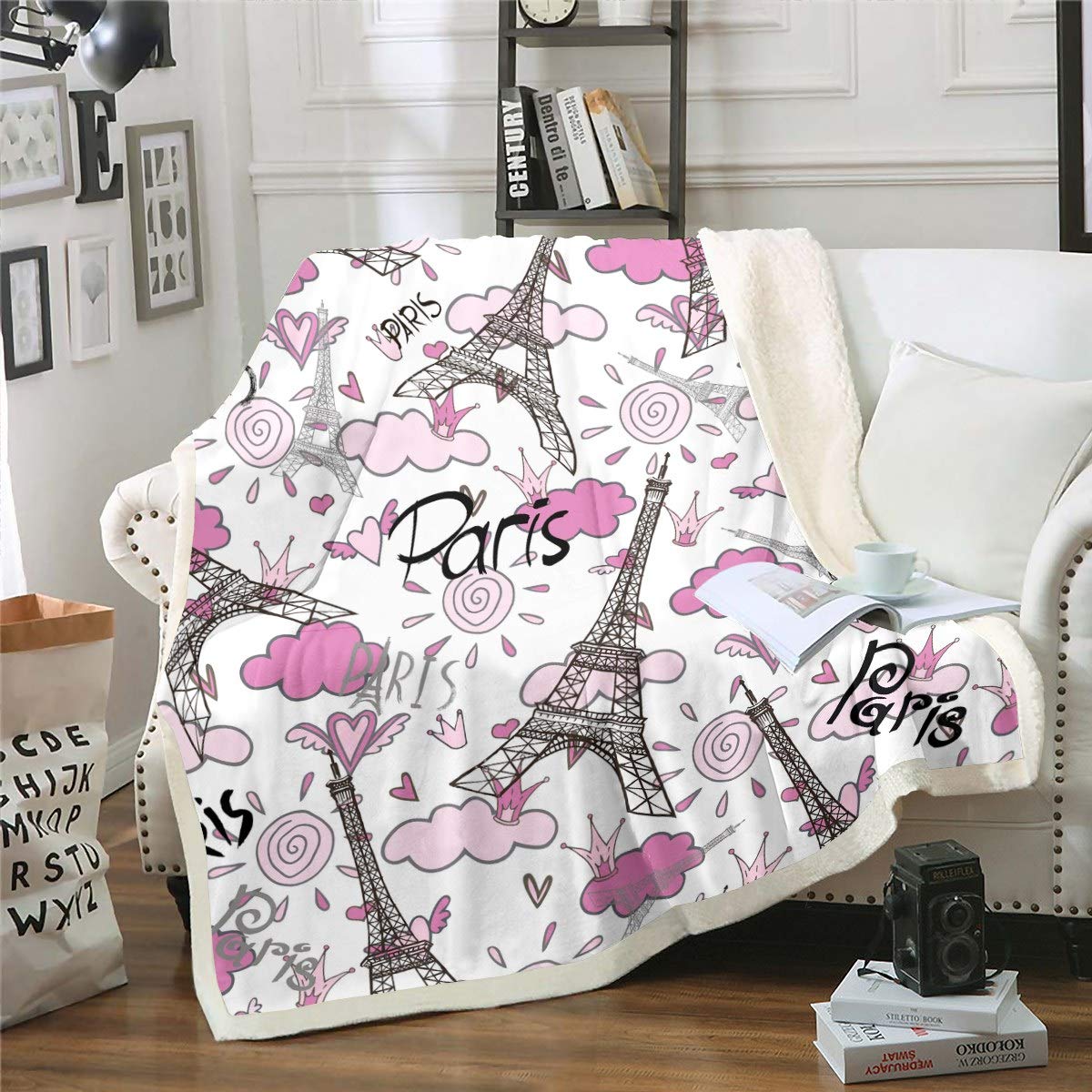 Feelyou Luxury Paris Themed Sherpa Fleece Throw Blanket - Eiffel Tower Design for Women, Girls & Kids - Ultra Soft Plush Blanket 90