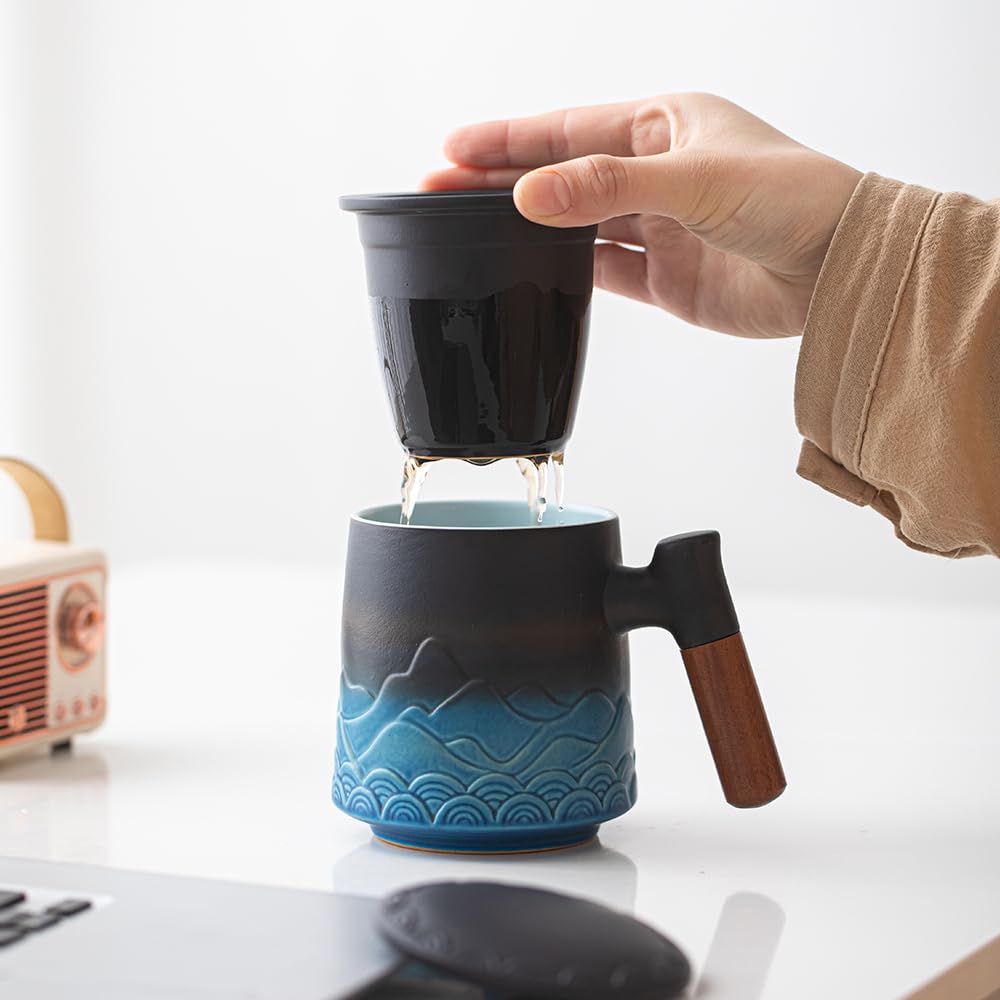 Premium Ceramic Tea Cup with Infuser & Lid - 15.2oz Vintage Style Steeping Mug with Handle - Perfect for Loose Leaf Tea, Coffee & Herbal Brews - Ideal for Office, Home Use & Personalized Gifts
