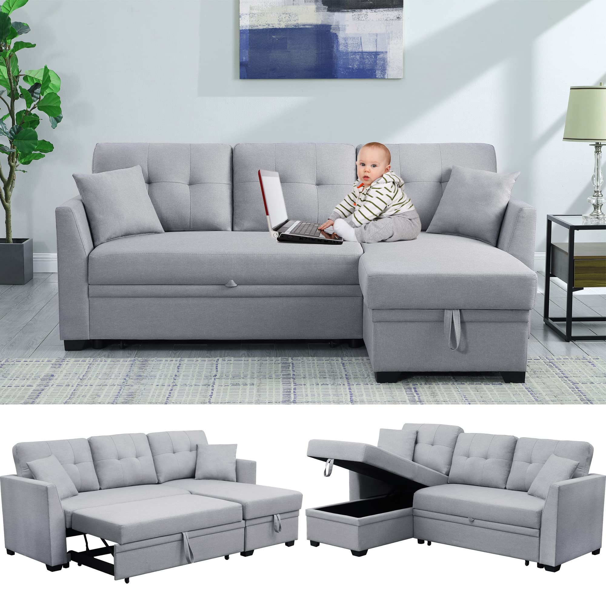 Modern L-Shaped Sectional Sofa Bed with Pull-Out Sleeper & Reversible Storage Chaise - Convertible 3-Seater Tufted Upholstered Couch in Linen Fabric for Living Room, Office & Small Apartments - Perfect for Guest Sleeping, Space Saving & Contemporary Home Decor