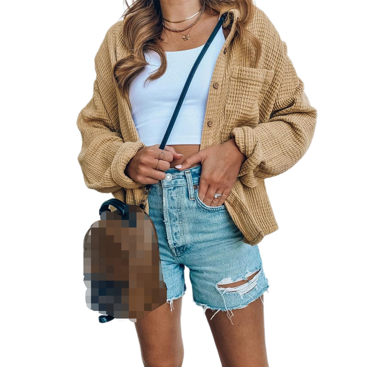 Women's Waffle Knit Shacket - Button Down Shirt Jacket with Pocket, Loose Fit Long Sleeve Top for Casual Outfits & Layering | Perfect for Fall & Winter Fashion, Outdoor Activities and Office Wear