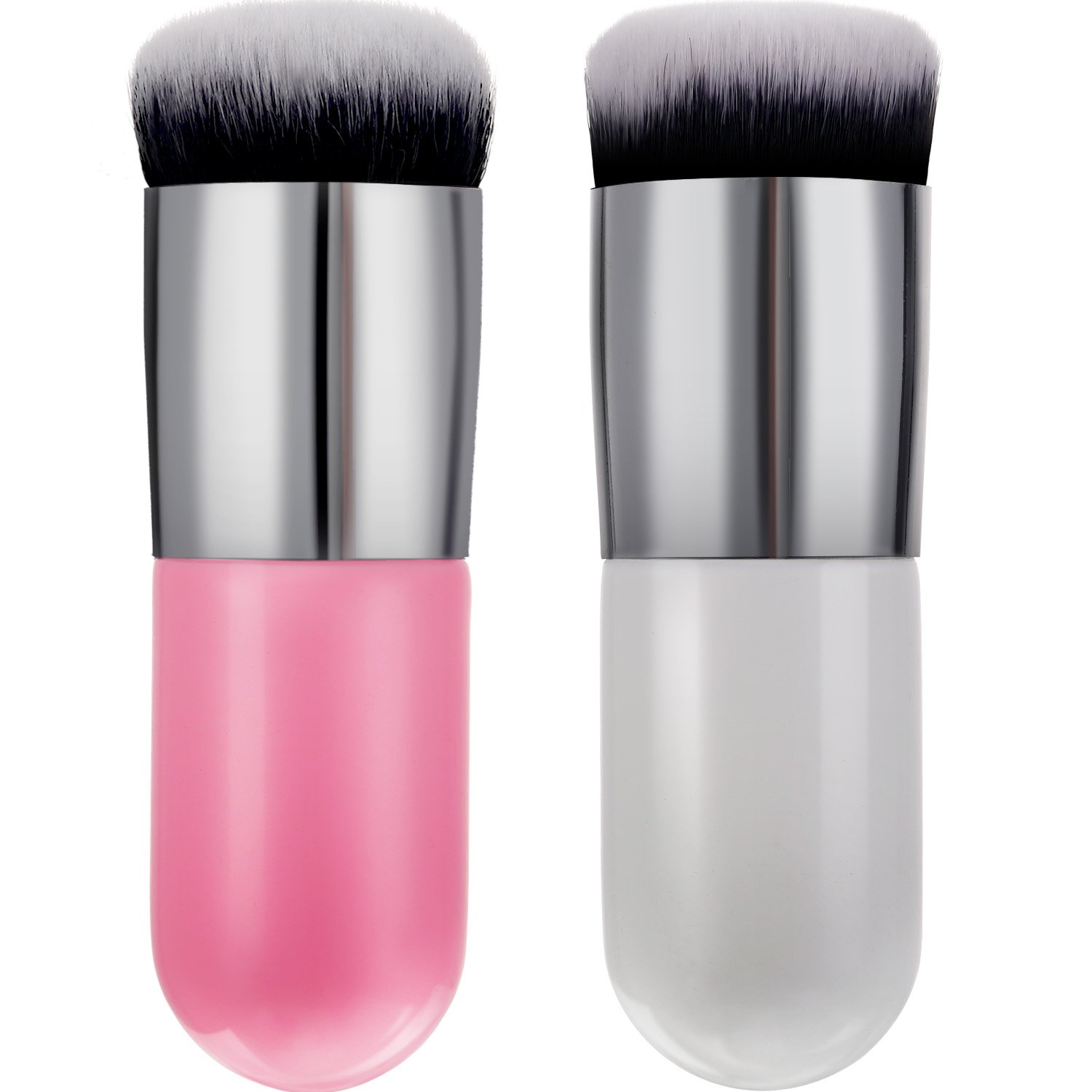 2 Pack Kabuki Makeup Brush Set - Chubby Foundation Brush & Travel Powder Brush for Liquid, Cream & Powder Cosmetics (White/Rose Gold & Pink/Silver) - Perfect for Professional Makeup Application & On-the-Go Touch Ups