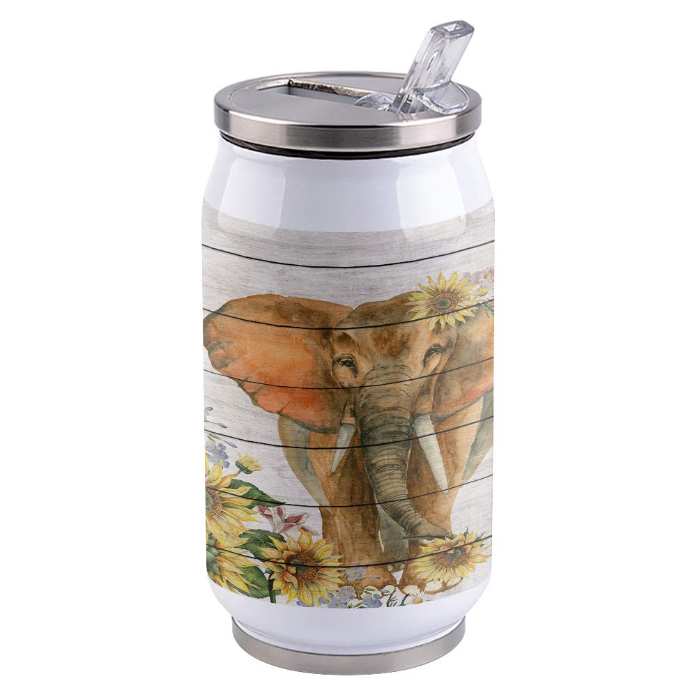 14oz Stainless Steel Tumbler with Lid & Straw - Double Wall Vacuum Insulated Travel Mug, Elephant & Sunflower Wood Grain Water Bottle - Keeps Drinks Hot/Cold for 24 Hours - Perfect for Coffee, Tea, Juice - Ideal for Office, Gym, Hiking, Camping & Daily Use