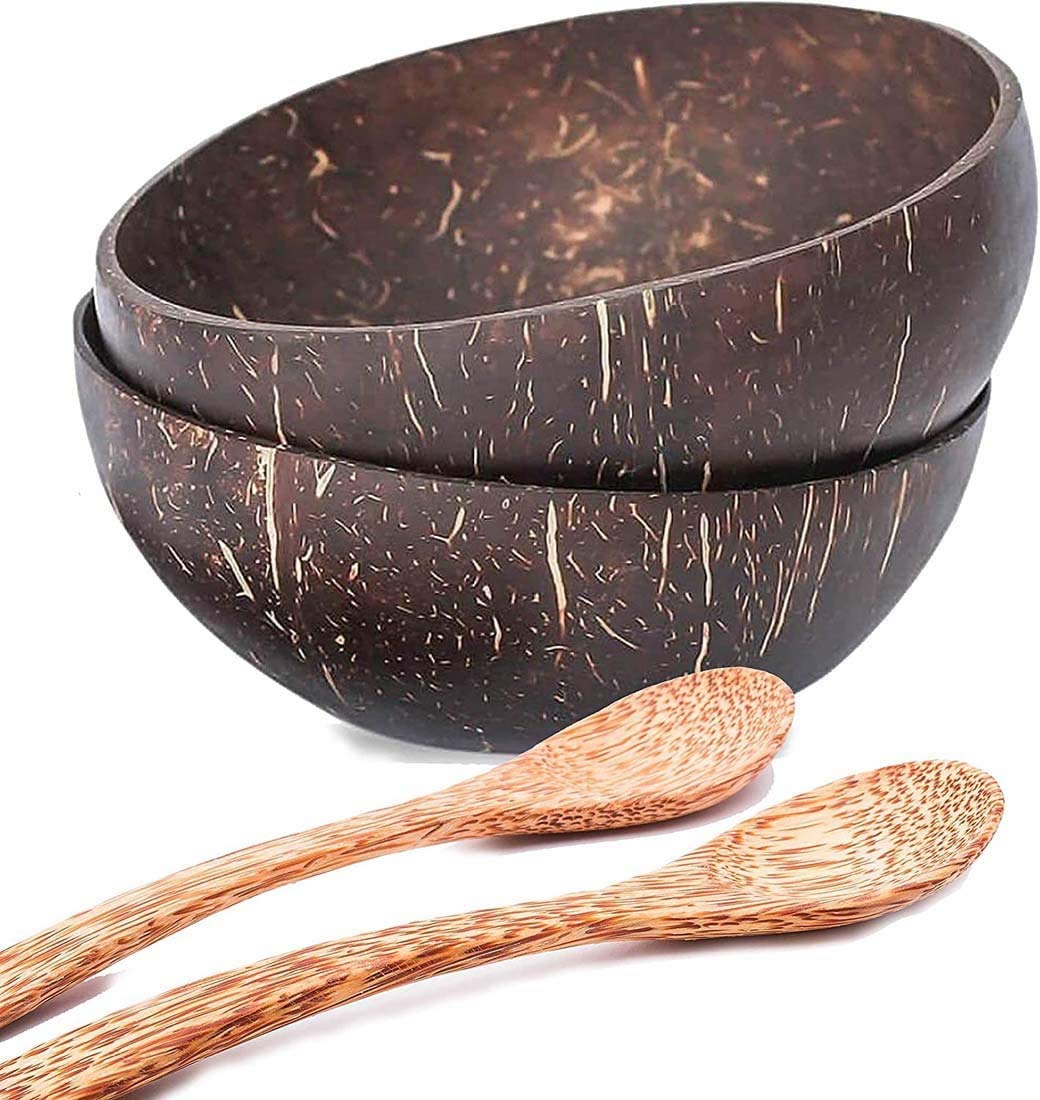 2-Pack Natural Coconut Bowls - Handcrafted Wooden Rice & Noodle Bowls for Fruit Salad, Decor, and Serving | Eco-Friendly Coconut Shell Dishes for Kitchen, Dining, and Home Decor