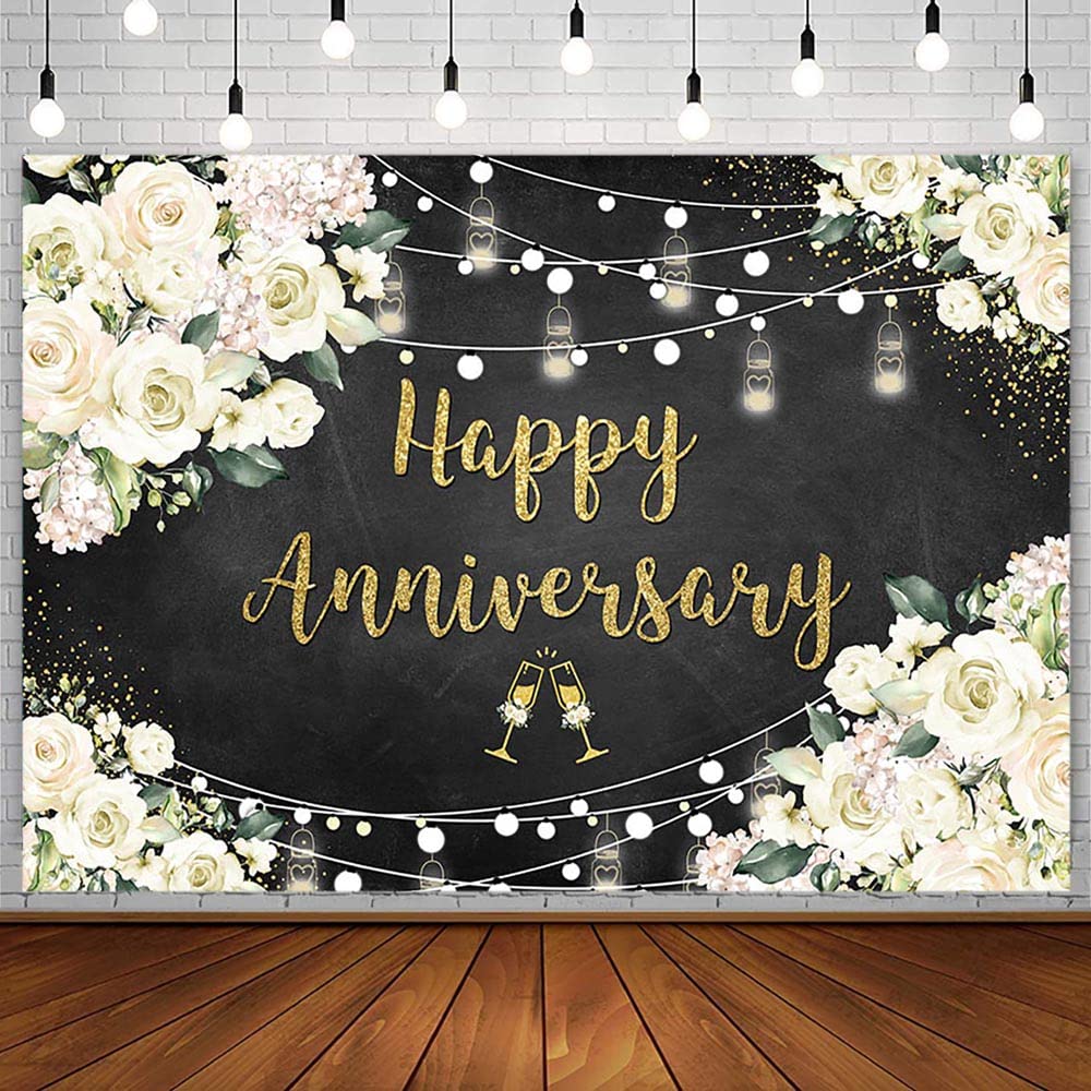 7x5ft Black & Gold Floral Anniversary Backdrop - Chalkboard Style Wedding Decor for 10th & 50th Anniversary Parties, Birthdays, Photo Studio Props, Vinyl Banner Background | Perfect for Milestone Celebrations & Professional Photography