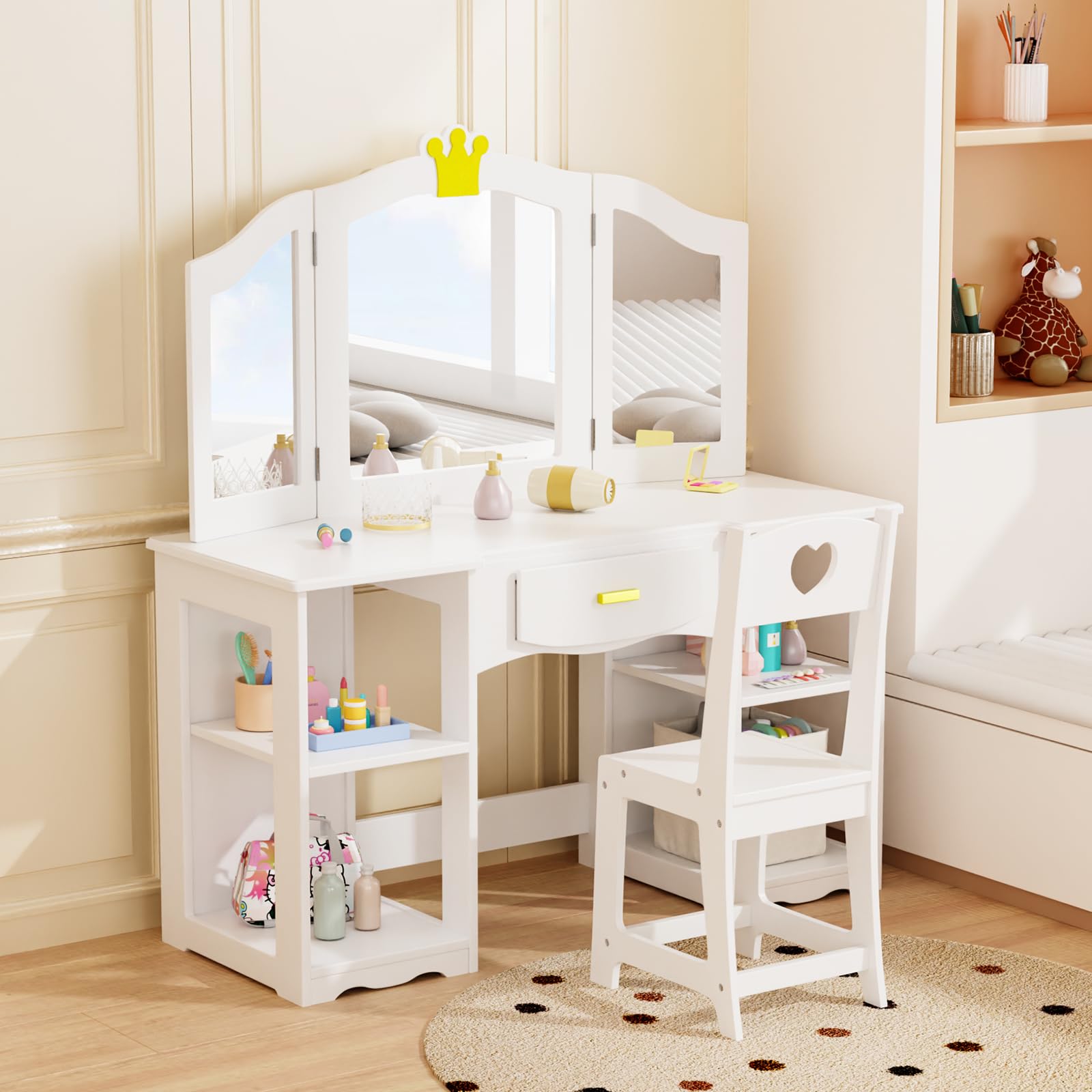 JOYMOR Kids Vanity Table and Chair Set - 2-in-1 Princess Vanity with Tri-Folding Mirror & Storage Cabinet | Perfect Birthday & Holiday Gift for Girls | White | Ideal for Bedroom, Playroom & Pretend Play