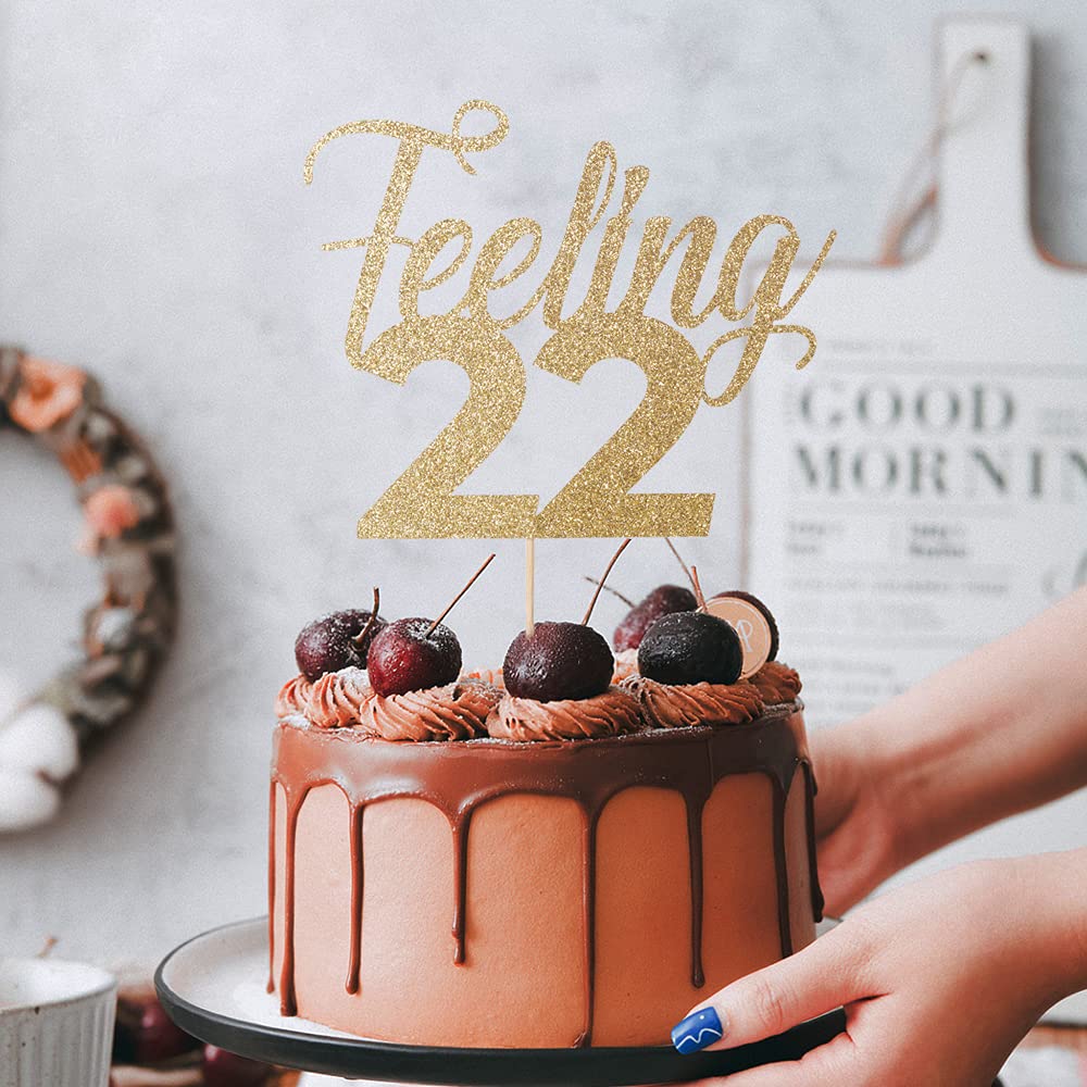 Feeling 22 Cake Topper - Golden Glitter Birthday Cake Decoration for 22nd Birthday Party | Perfect for Wedding, Anniversary & Special Celebration Cakes