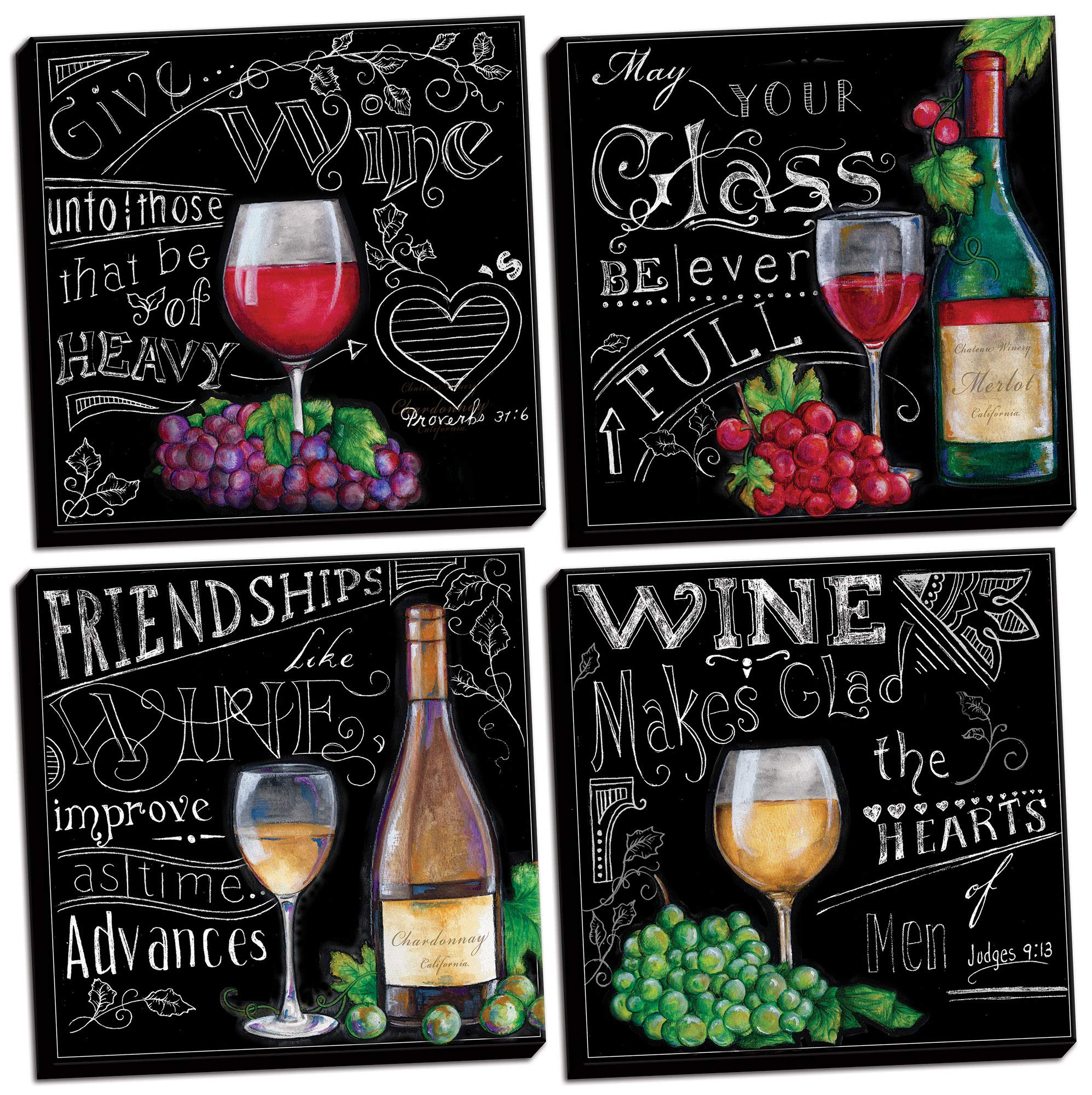 Gango Home Decor - Set of 4 Chalkboard-Style Kitchen Wine Signs (12x12 Inch) - Rustic Farmhouse Wall Art for Kitchen, Dining Room & Bar Decor - Perfect for Wine Lovers & Entertaining