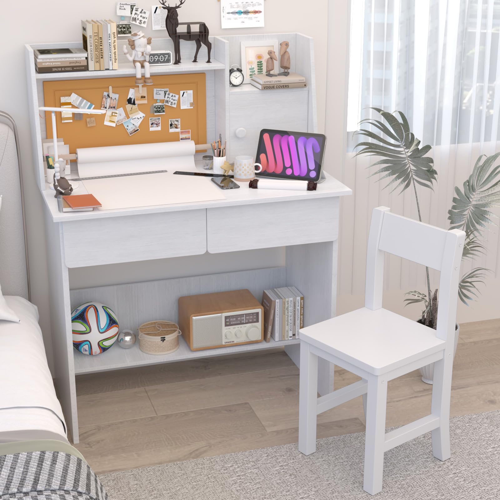 White Kids Desk and Chair Set for 5-12 Year Olds - Adjustable Children's Study Table with Wooden Top, Paper Roll Dispenser, Storage Drawers & Shelf - Perfect for Homework, Drawing & Crafts in Bedroom or Playroom