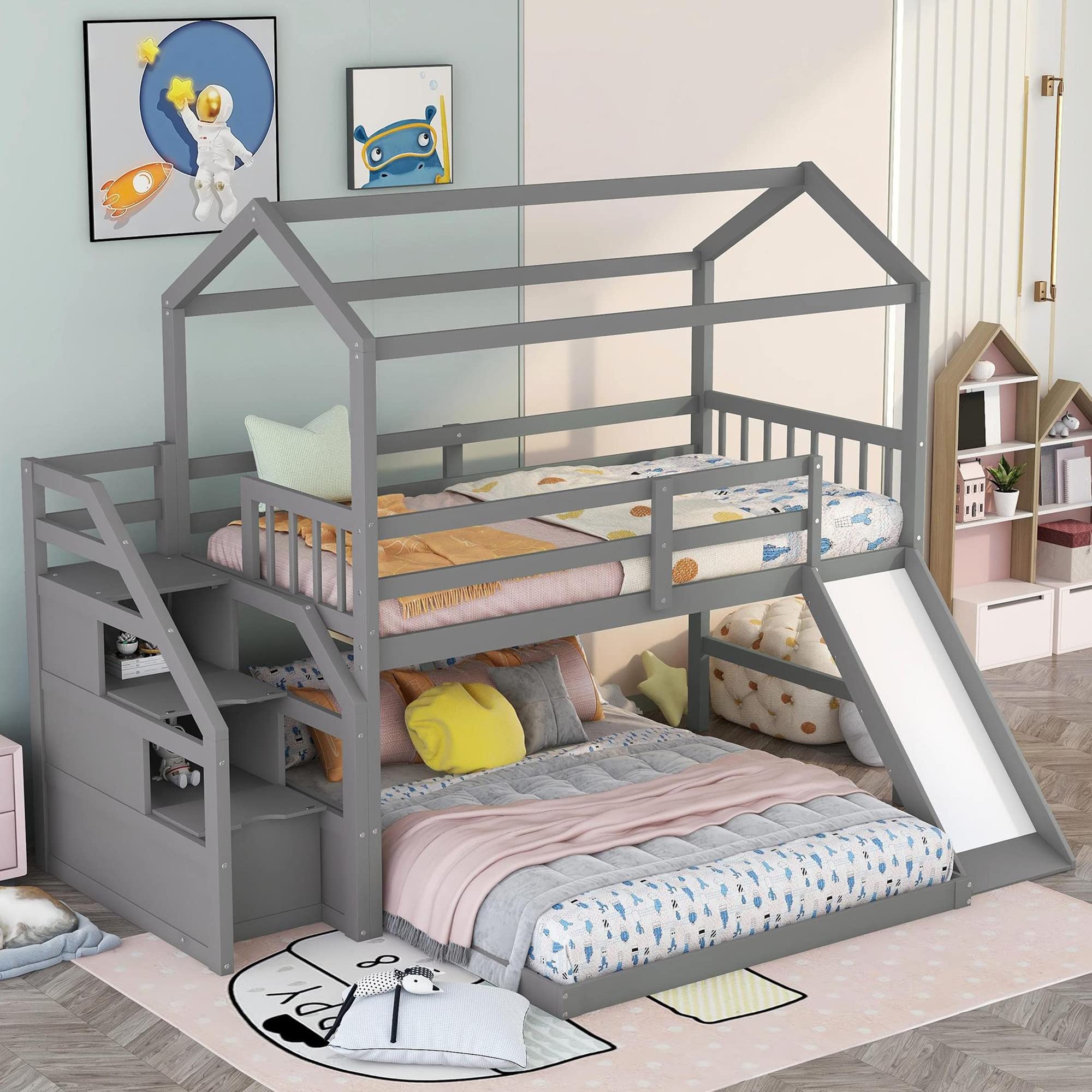 LZ LEISURE ZONE Twin Over Full Bunk Bed with Slide & Storage Stairs - Convertible Wooden Bunk Bed Frame for Kids, Teens & Adults - Safe Full-Length Guardrail - Space-Saving Grey Bunk Bed for Small Rooms, Guest Rooms & Vacation Homes