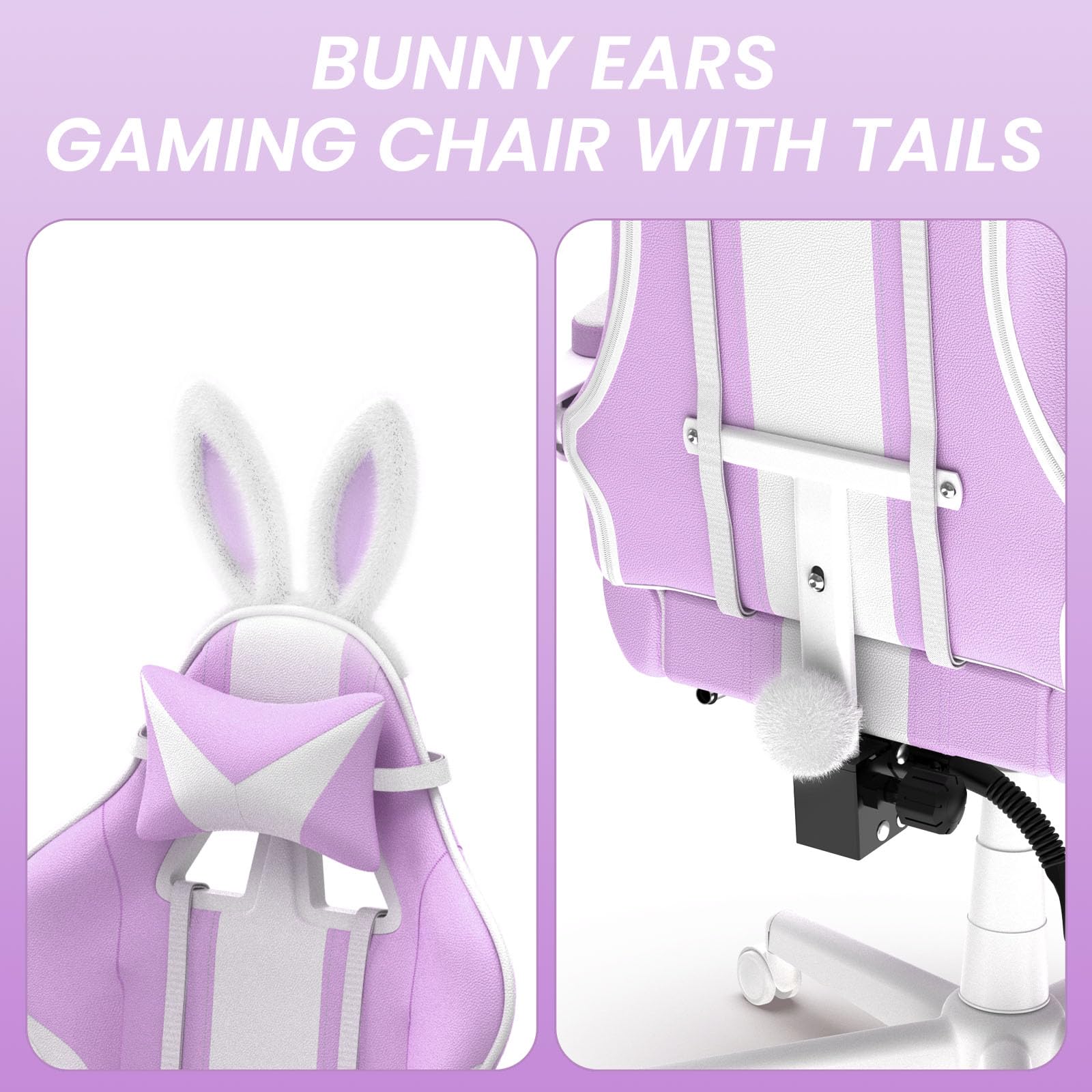 Kawaii Light Purple Gaming Chair with Bunny Ears - Ergonomic Cute Gamer Chair with Footrest & Massage - Racing Reclining Leather Computer Chair for Girls, Adults, Teens & Kids - Perfect for Gaming, Streaming, Home Office & Dorm Room Setup