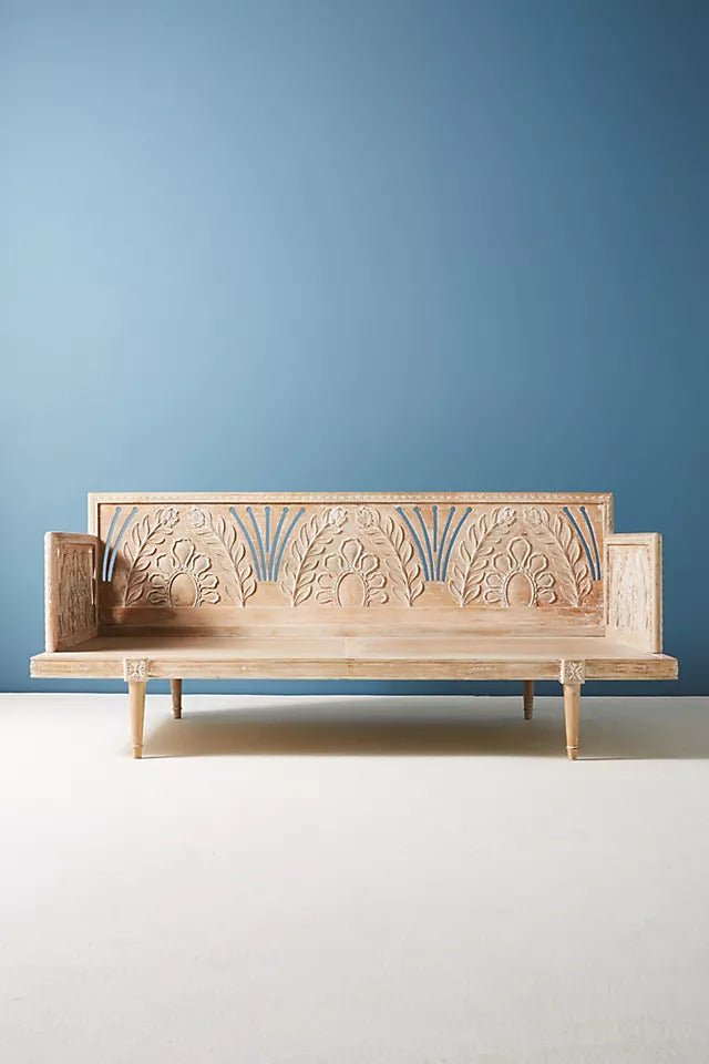 Hand Carved Solid Wood Daybed - Traditional Indian Style Wooden Furniture for Living Room, Bedroom, or Patio