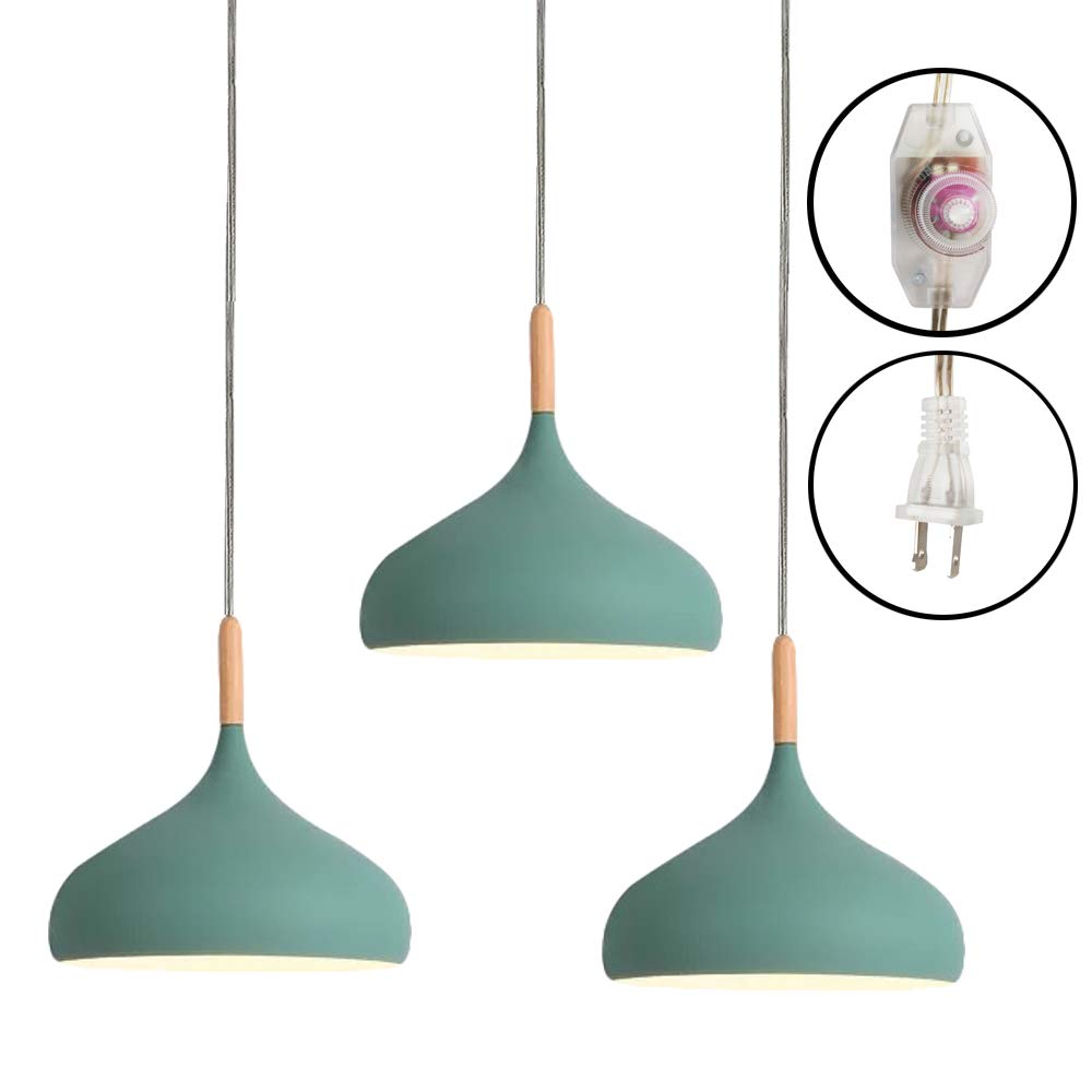3-Pack Wooden Handle Pendant Light with 15ft Plug-in Cord & UL On/Off Dimmer Switch - Macaron Green Lampshade, Nordic Minimalist Loft Style Lighting Fixtures for Living Room, Bedroom, Kitchen & Dining Area