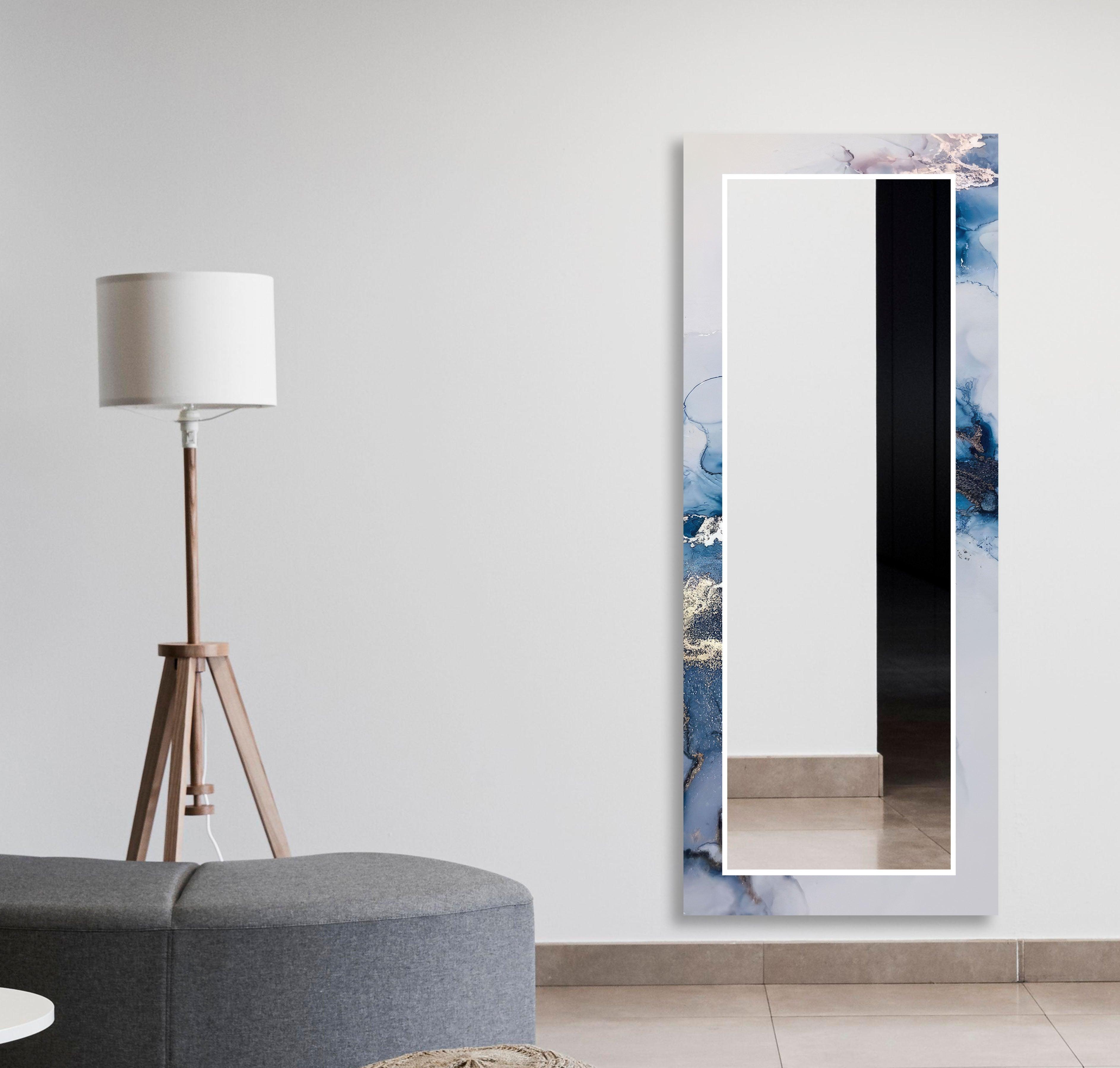 Blue & White Abstract Wall Mirrors - Modern Decorative Round Mirror for Living Room, Bedroom, Entryway - Boho Home Decor Accent Piece