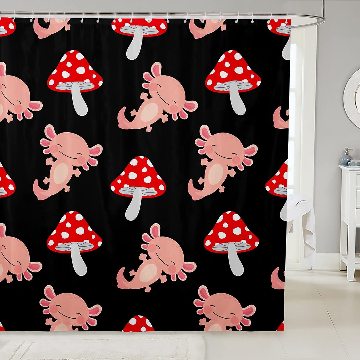 Cute Mushroom Bathroom Curtain - Pink Axolotl & Red Mushrooms Design for Coastal Bathroom Decor