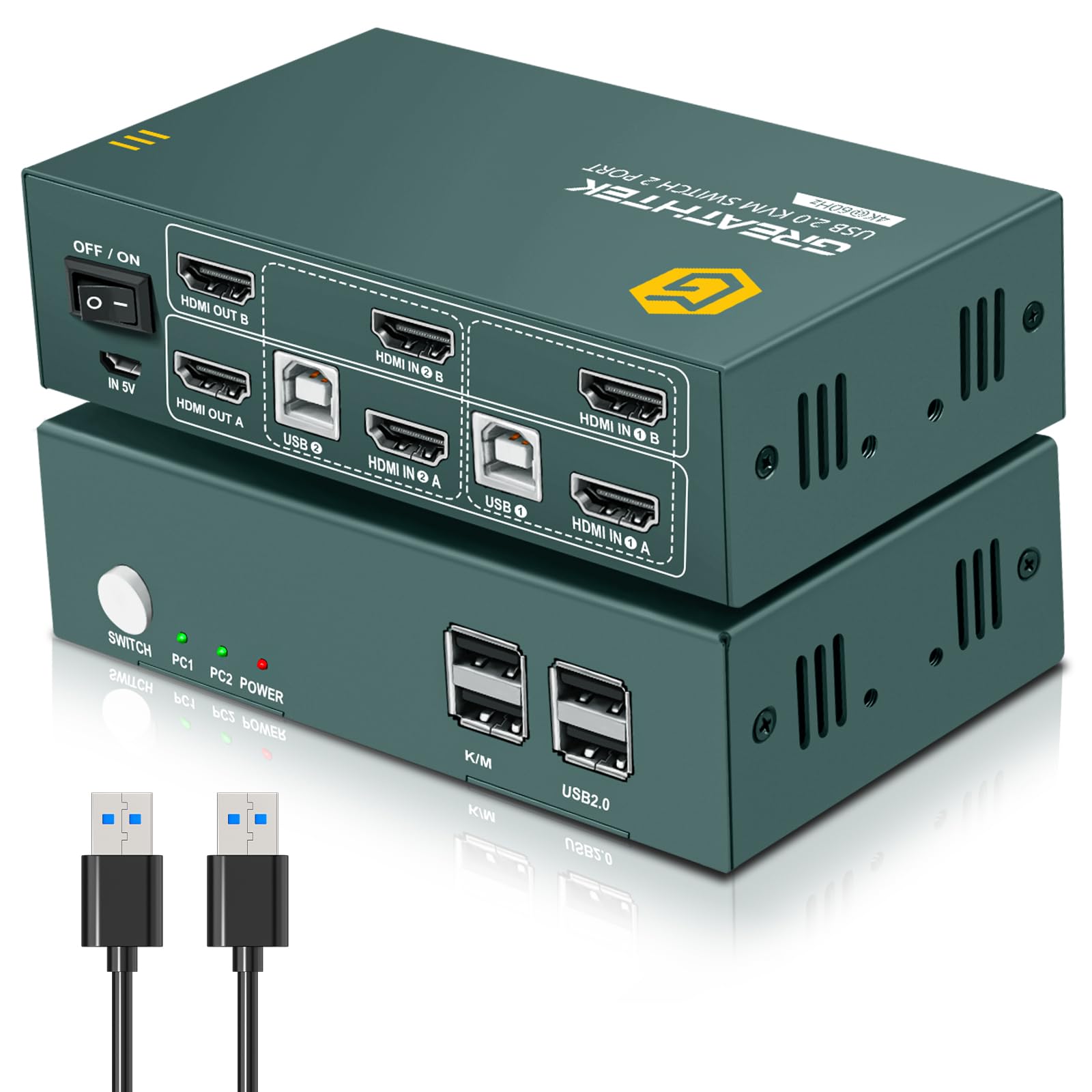 4K@60Hz HDMI KVM Switch for 2 Monitors & 2 Computers - USB 2.0 Dual Monitor KVM Switch with Keyboard/Mouse/Printer Sharing | Hotkey Switching | Ideal for Home Office, Gaming & Multi-Tasking Workstations