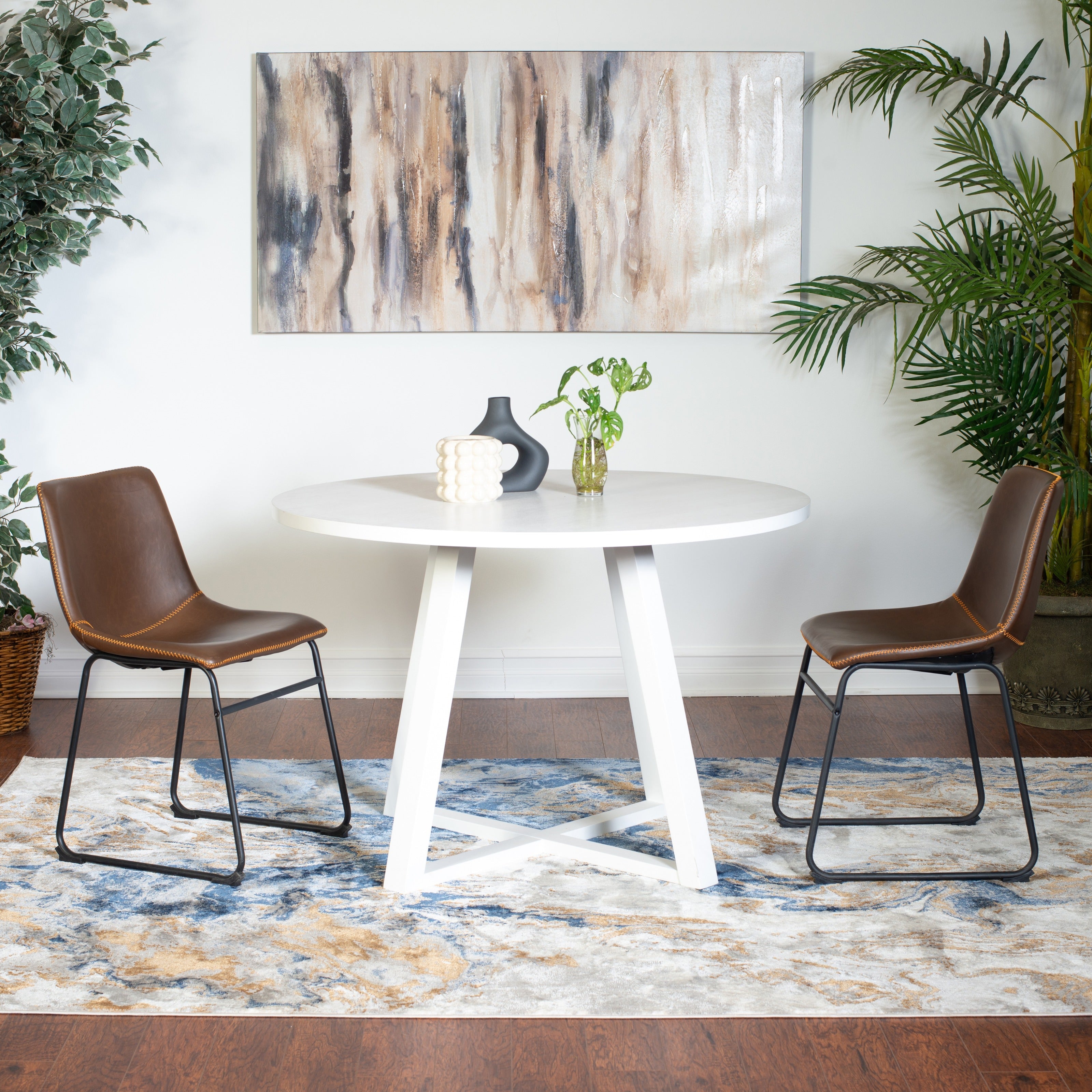 Roundhill Furniture Varna Round Wood Dining Table Set with 2 Stylish Chairs - 3 Piece Modern Kitchen & Breakfast Nook Set for Small Spaces