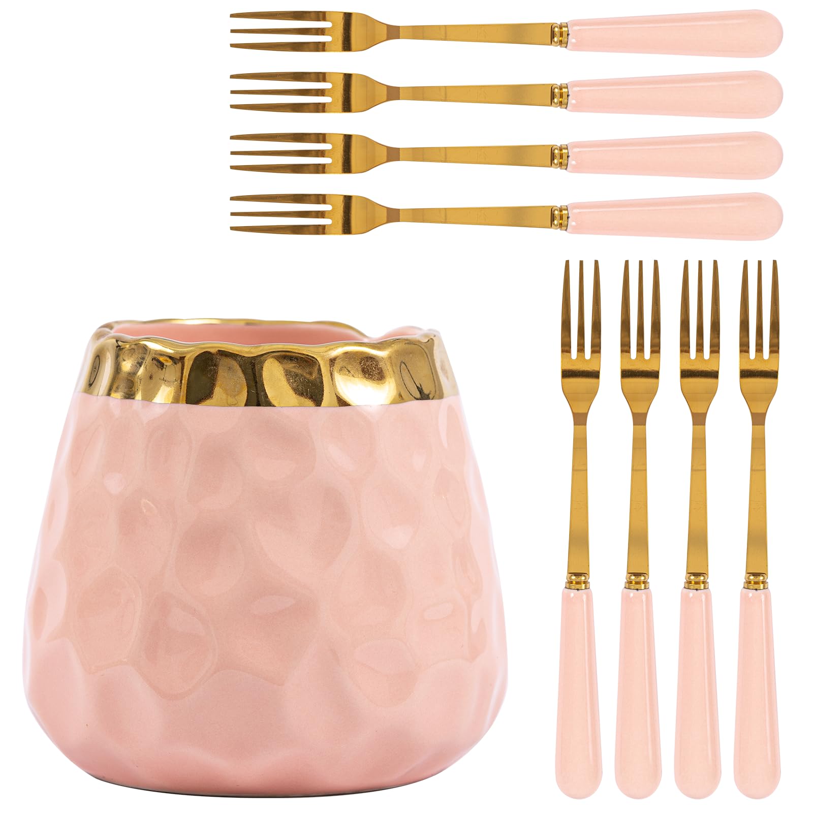 Elegant Ceramic Dessert Fork Set with 8 Small Forks - Perfect for Fruit, Salad, Appetizers, Cakes & Tea Parties | Pink Jar & Flatware Set for Home Dining & Party Serving