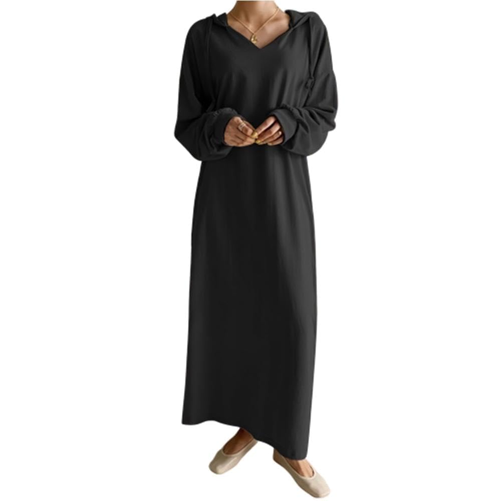 ZOCANIA Women's Oversized Maxi Hoodie Dress - V Neck Long Sleeve Pullover Sweatshirt with Drawstring, Loose Fit Casual Dress for Lounge, Streetwear & Travel