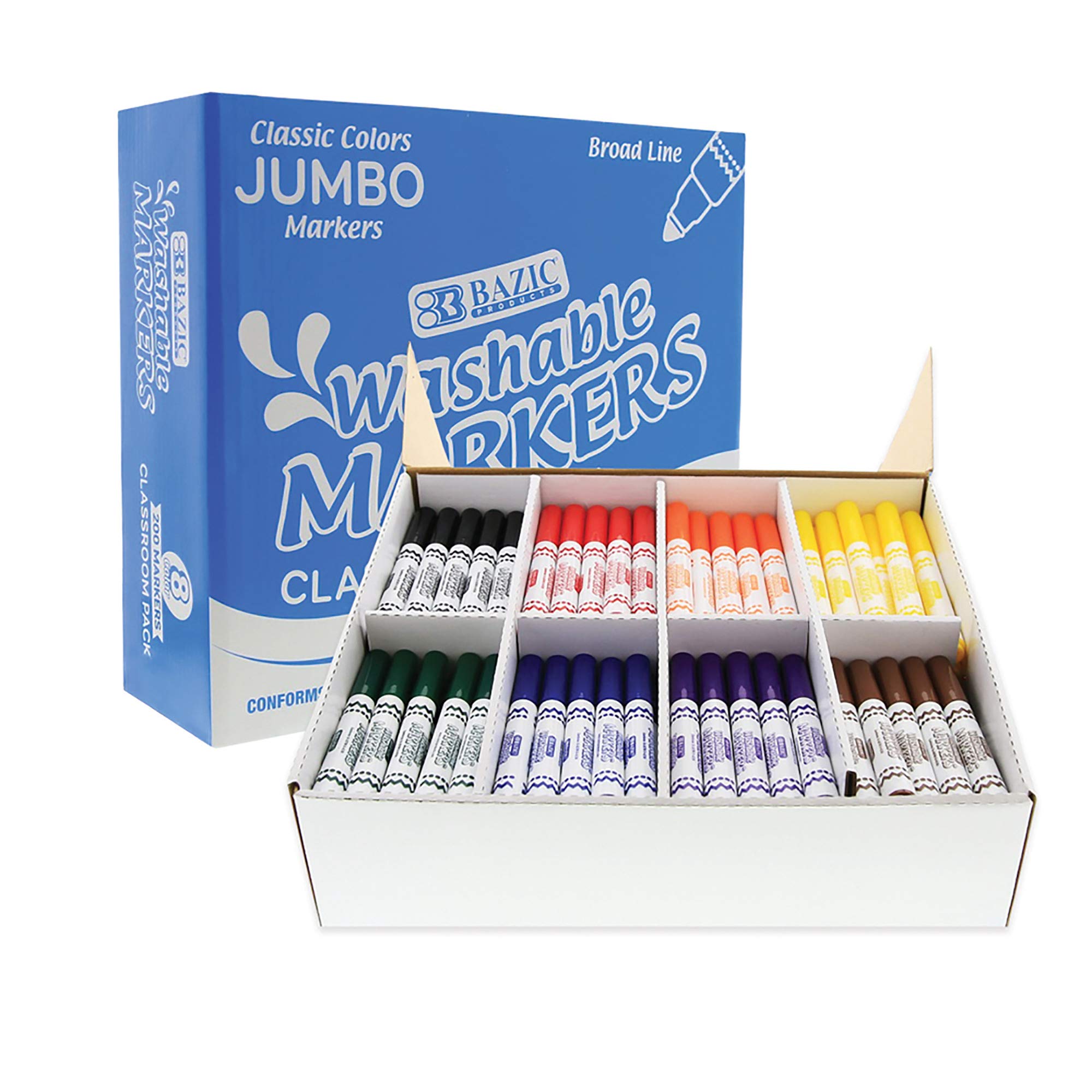 BAZIC Washable Broad Line Markers, 8 Colors - Jumbo Size Non-Toxic Classroom Art Supplies (200/Pack, 6-Packs) for Kids Coloring, Drawing & School Projects | Bulk Pack for Teachers, Students & Homeschooling