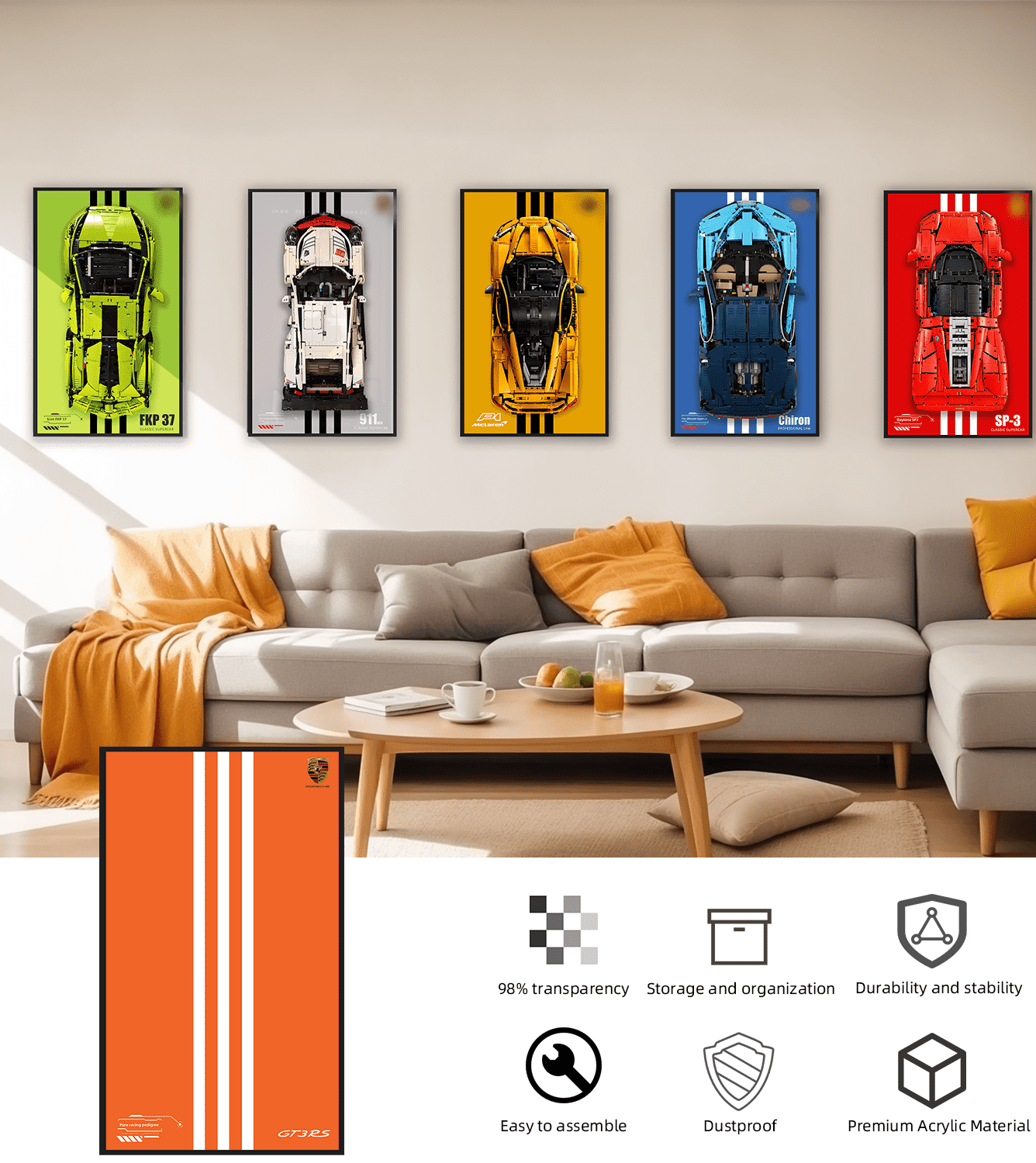 LEGO Technic 42056 Porsche 911 GT3 RS Wall Display Frame - Premium Showcase for LEGO Car Models - Perfect for Home Office Decor & Collector's Display