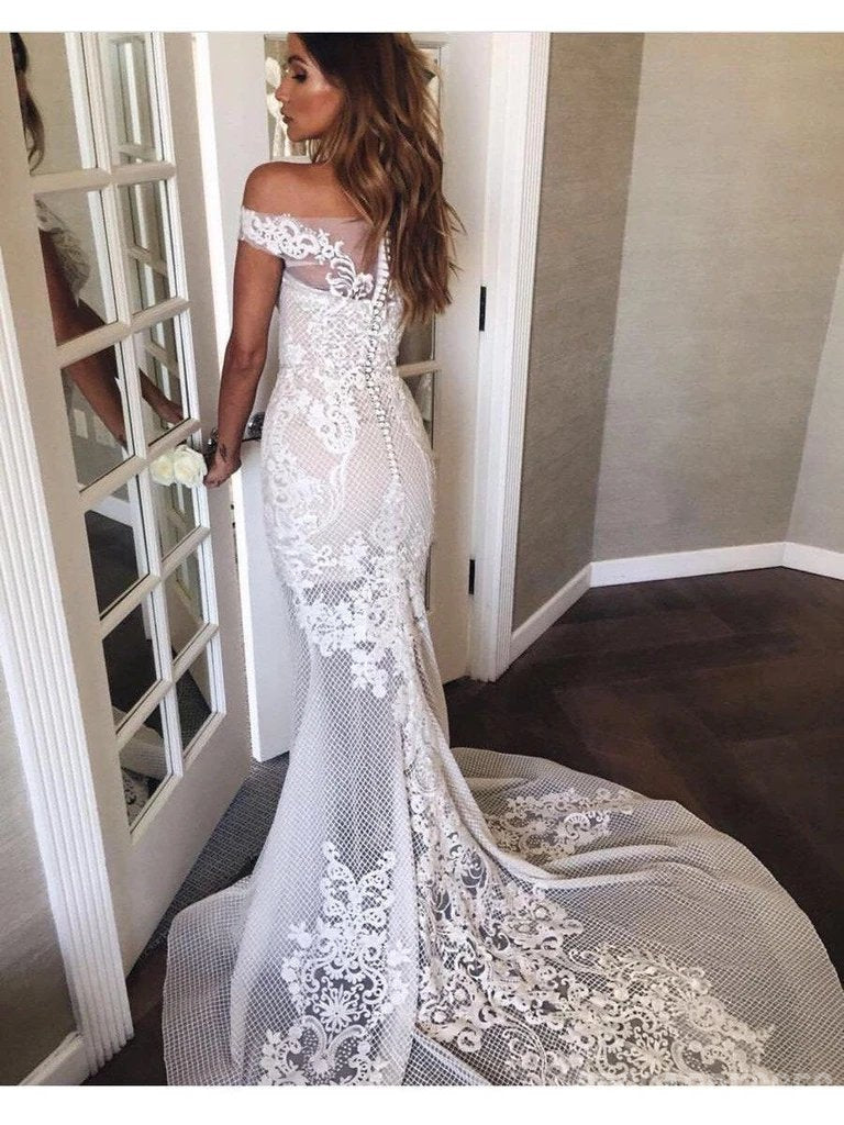 Elegant Off Shoulder Lace Mermaid Wedding Dress - Romantic A-Line Bridal Gown WD685 | Perfect for Beach Weddings, Vow Renewals & Formal Evening Events