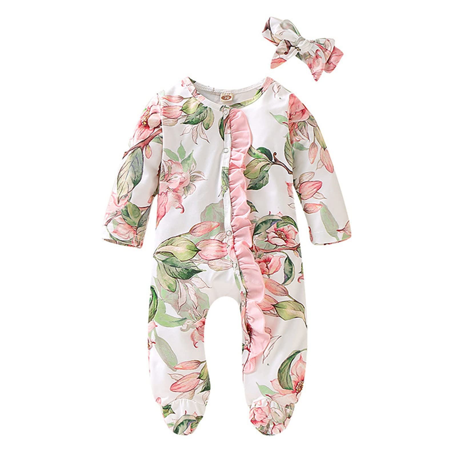Adorable Baby Girl & Boy Floral Ruffle Footed Sleeper Romper & Headband Set - Newborn Infant Bodysuit Outfit for Photo Shoots, Parties & Everyday Wear