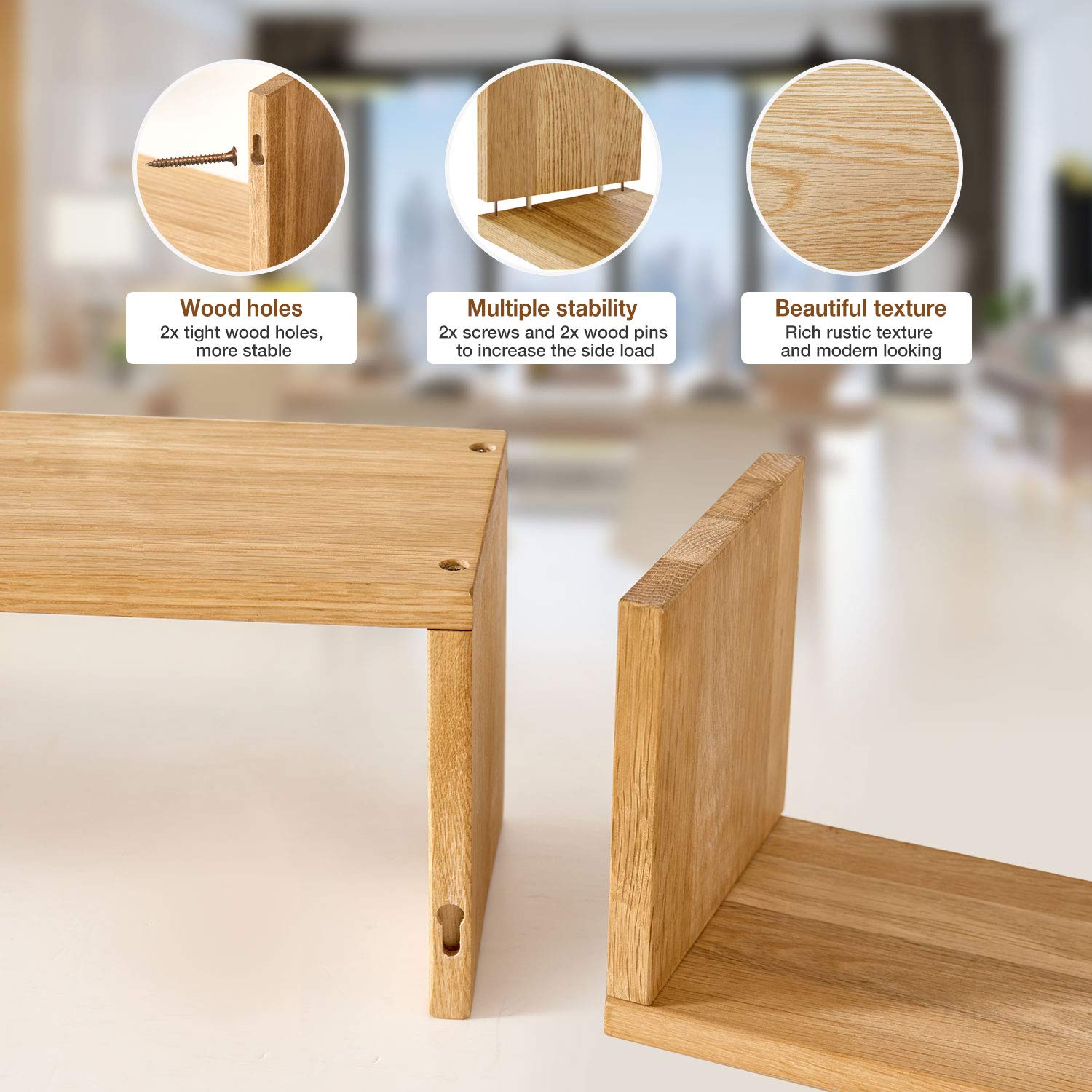 Premium FAS Grade Solid Oak Floating Shelf - U-Shaped Wall Mounted Bookshelf for Bedroom, Living Room, Bathroom, Office & Kitchen - Natural Wood Finish (16 Inch) - Perfect for Displaying Books, Decor & Organizing Small Spaces