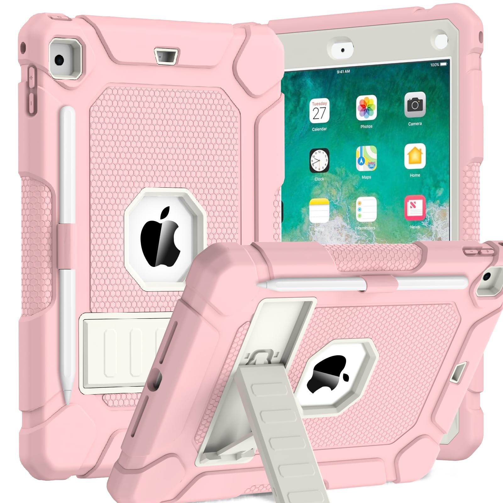 Shockproof Protective Case for iPad 6th/5th Generation (9.7 inch, 2018/2017) & iPad Air 2 - Built-in Stand & Apple Pencil Holder - Pink | Perfect for Work, School & Travel Protection