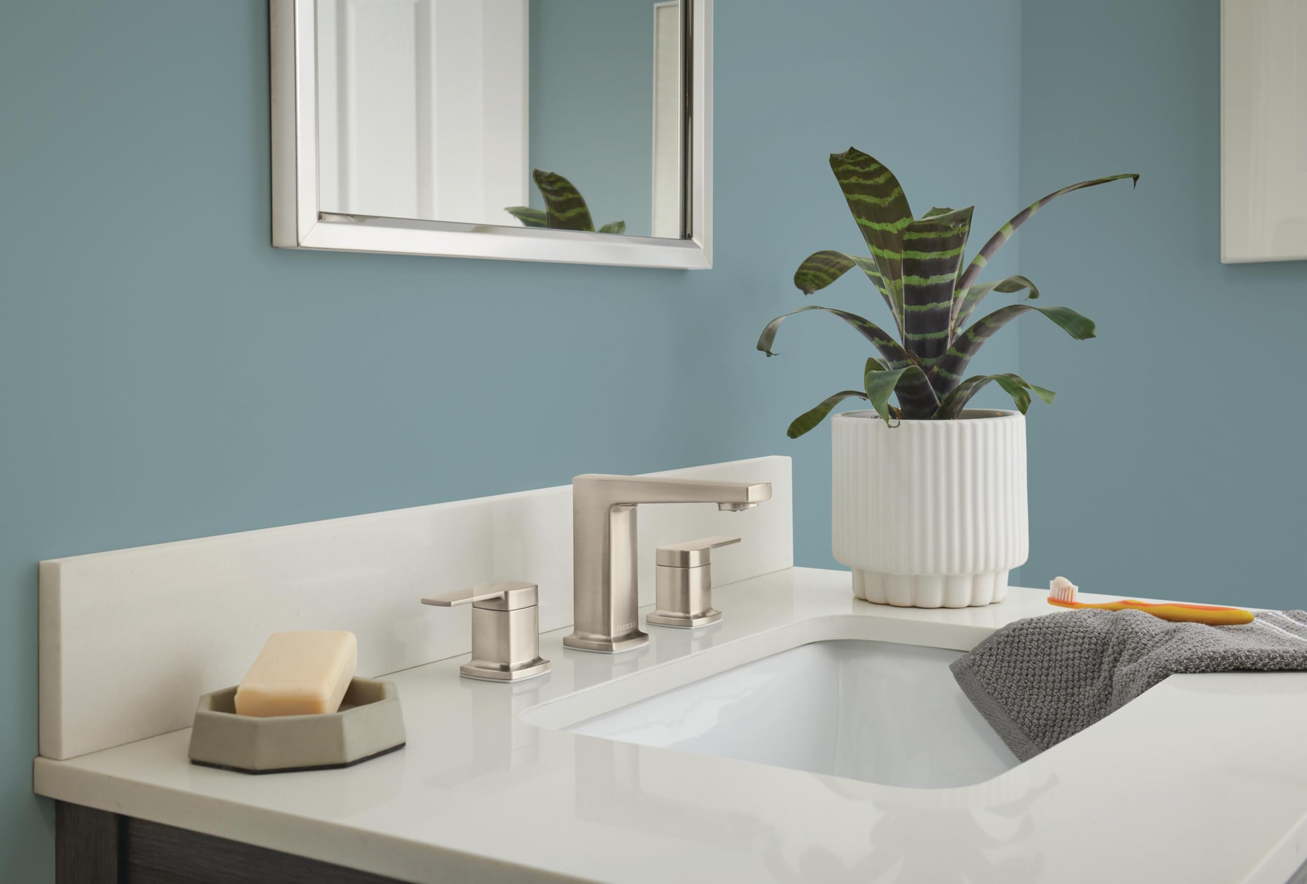 Peerless Ezra 3-Hole Widespread Bathroom Faucet with Push-Pop Drain - Brushed Nickel Finish - 2-Handle Bathroom Sink Faucet (Model P3571LF-BN) - Perfect for Modern Bathrooms, Guest Baths & Powder Rooms