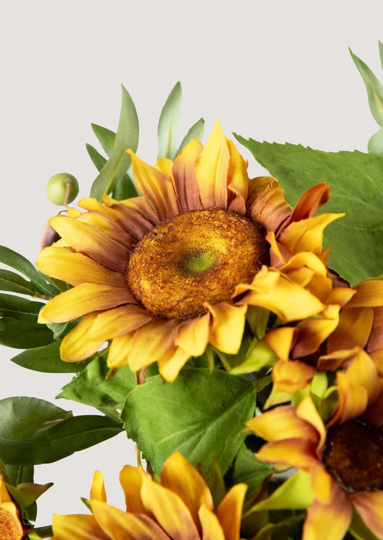 Artificial Sunflower and Olive Leaf Floral Arrangement in Glass Vase - 11