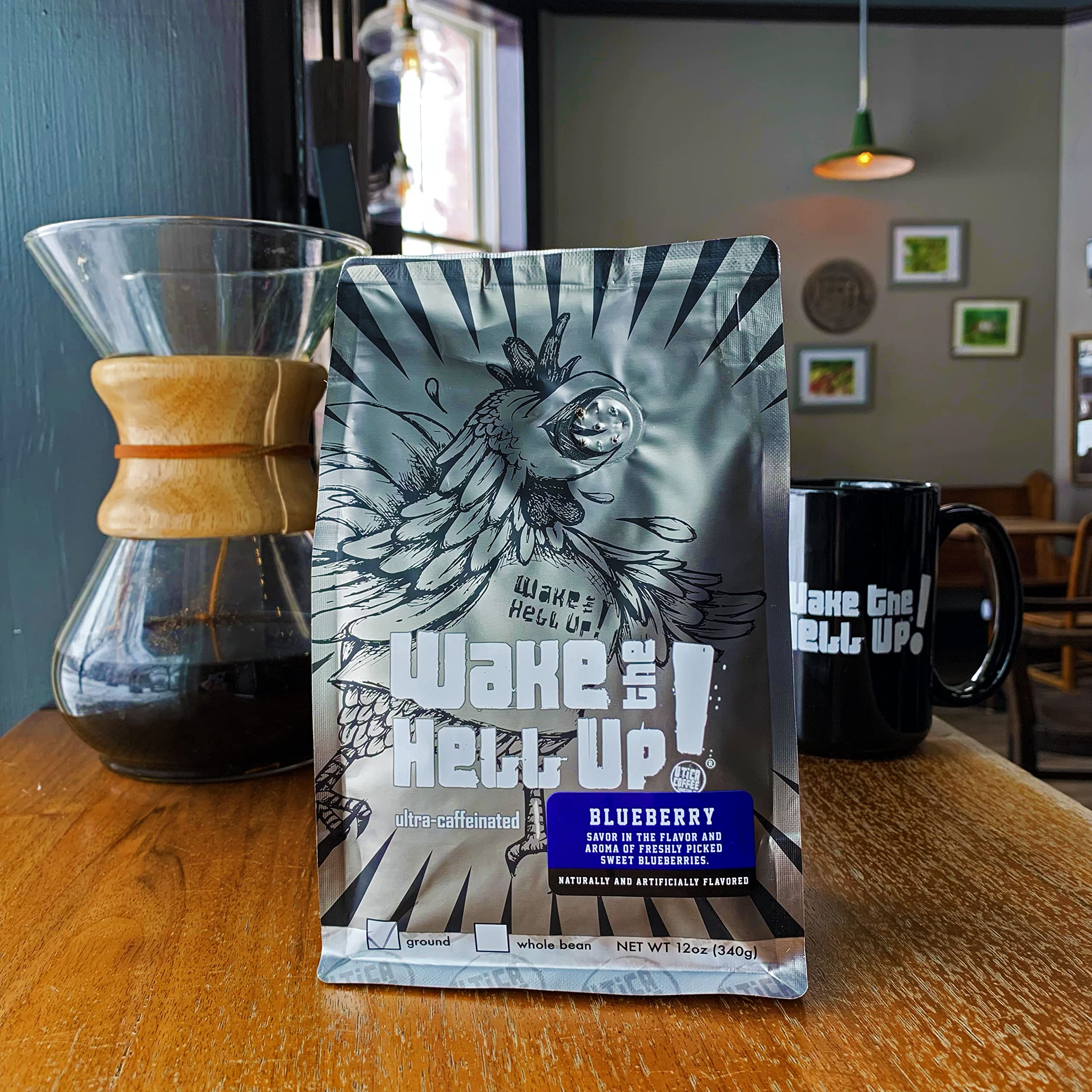 Wake The Hell Up! 12oz Ultra-Caffeinated Blueberry Ground Coffee - Low Acid Medium-Dark Roast for Energy Boost | Perfect for Morning Brew, Office & Study Sessions