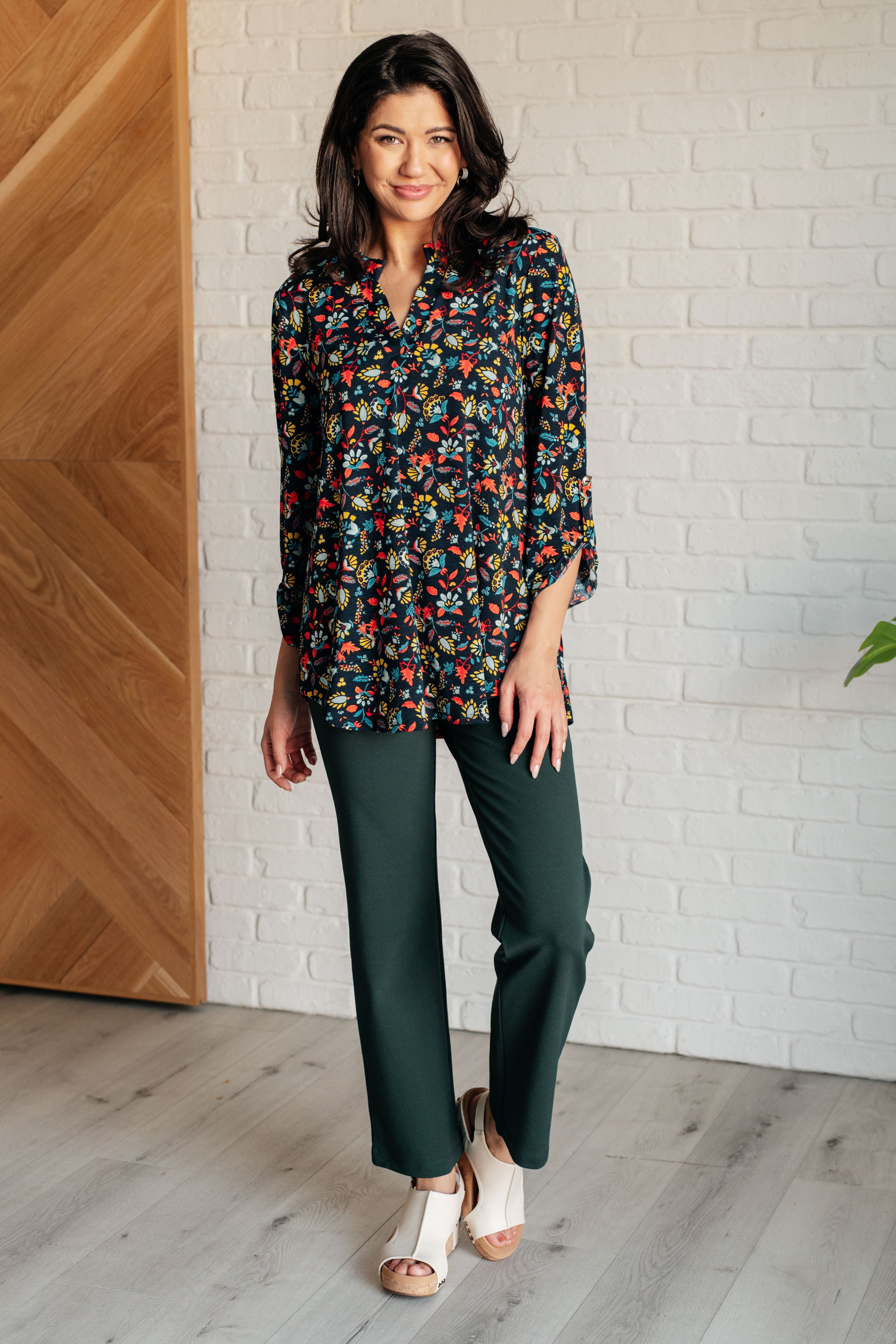 Lizzy Women's Floral Print Top in Navy & Teal - Casual Short Sleeve Blouse for Summer Outfits, Date Night & Office Wear