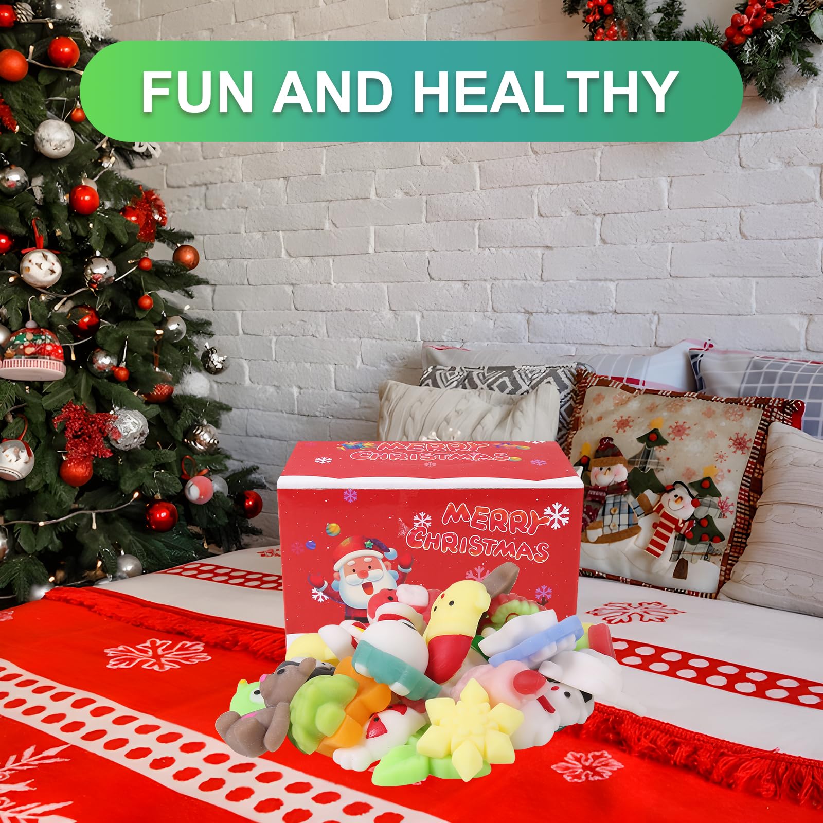 32pcs Christmas Mochi Squishy Toys - Slow Rising Soft Stress Relief Toys for Kids, Bulk Party Favors & Goodie Bag Gifts, Fun Classroom Prizes & Stocking Stuffers - Perfect for Holiday Parties, School Rewards and Christmas Gift Exchanges
