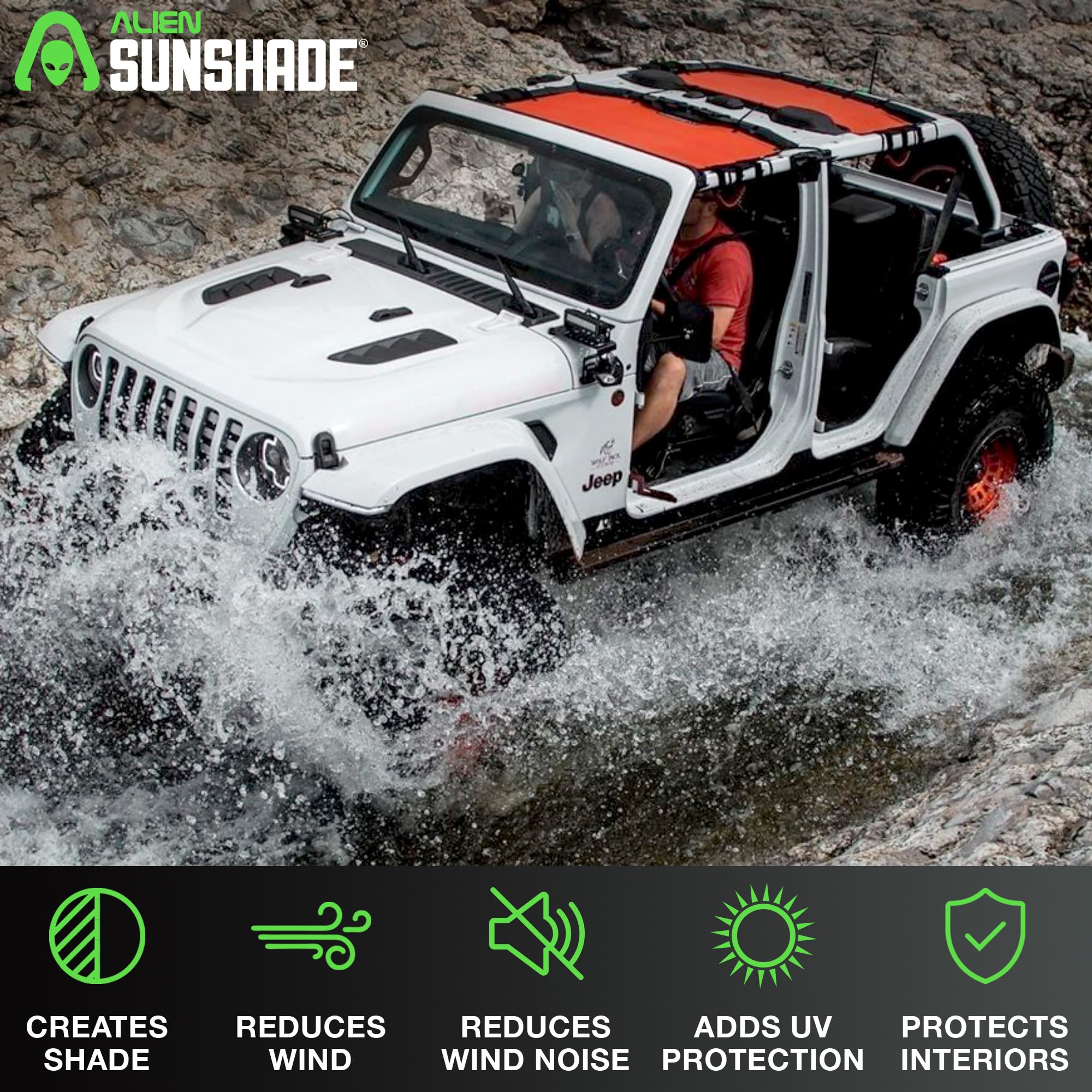 Alien Sunshade for Jeep Wrangler JLU (2018-2023) - Front & Rear Mesh Sun Shade Top Cover | UV Protection, Wind & Noise Reduction | Fits Sport, Sport S, Sahara, Rubicon Models | Perfect for Off-Roading, Beach Trips & Summer Adventures