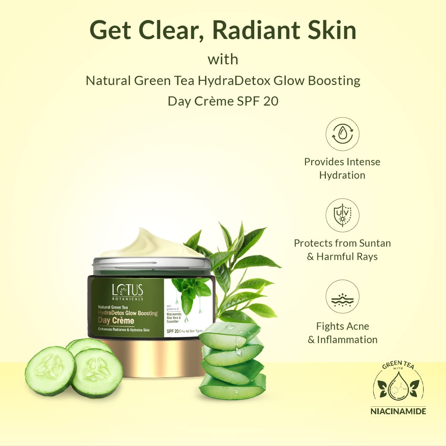 Lotus Botanicals Natural Green Tea HydraDetox Face Moisturizer with Niacinamide & SPF 20 | 50g | Hydrating Day Cream for Glowing Skin | Perfect for Daily Skincare Routine & Sun Protection