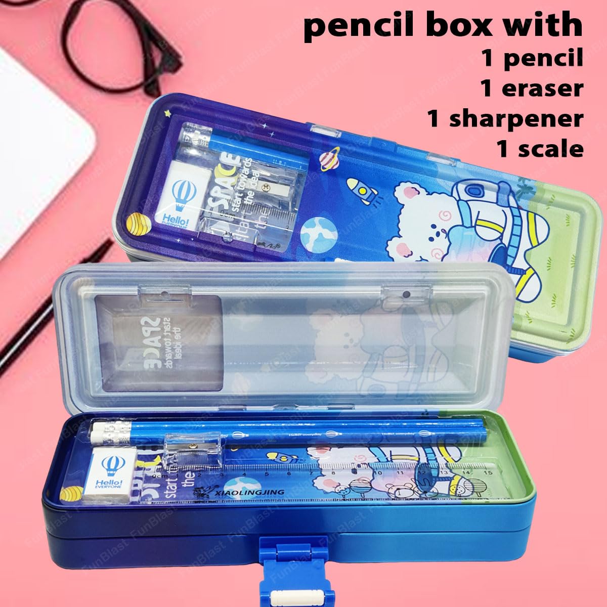 FunBlast Metal Pencil Box - Double Layer Geometry School Supply Organizer with Pencil, Eraser & Sharpener | Durable Stationery Case for Kids, Boys & Girls | Perfect for Classroom, Homework & Back to School Supplies (Space Design)