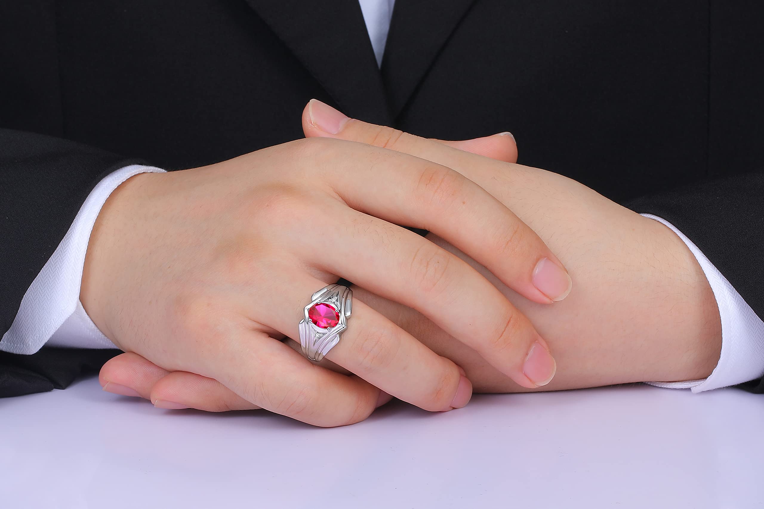 RYLOS Men's Sterling Silver Rings - Classic 9x7mm Oval Gemstone & Genuine Diamond Ring with Birthstone Options (Ruby) | Elegant Jewelry for Weddings, Anniversaries, Gifts & Everyday Wear