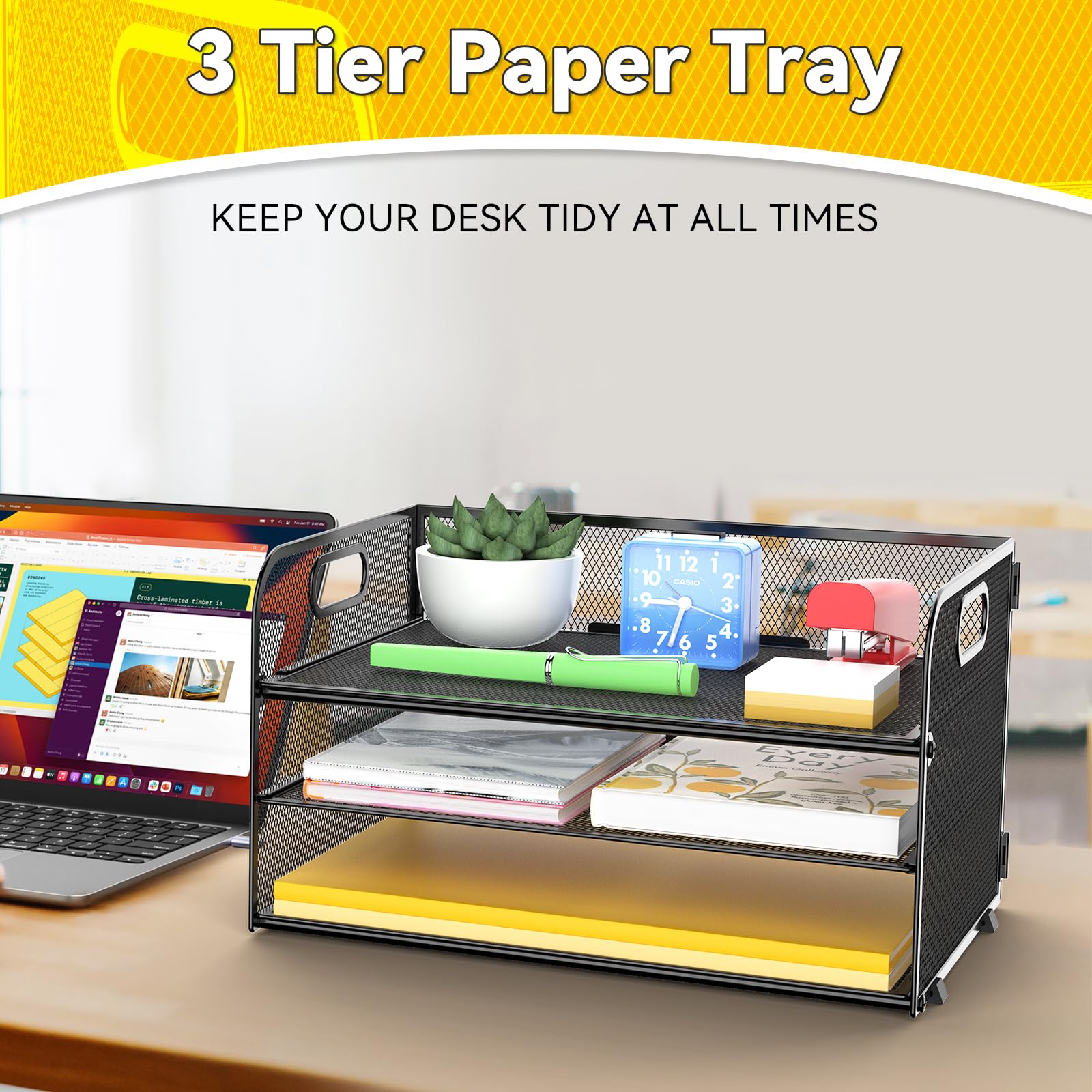 3 Tier Mesh Desk File Organizer with Handle - Black Paper Letter Tray for Office, Home & School - Perfect for Organizing Documents, Mail & Office Supplies (1 Pack)